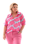 Blouse pofmouwen v-hals bloemen lichtblauw/roze