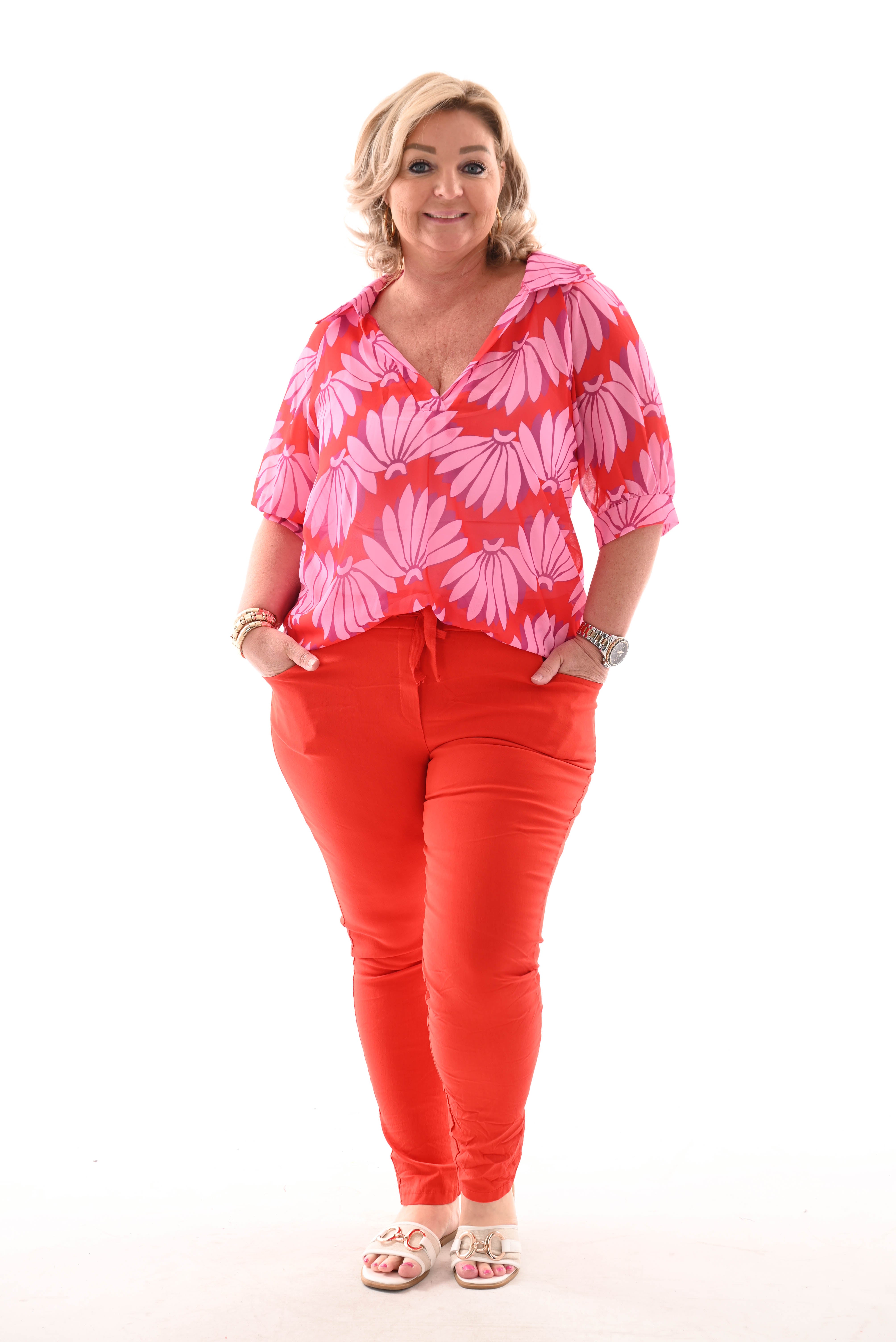 Blouse pofmouwen v-hals bloemen rood/roze