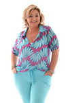 Blouse pofmouwen v-hals bloemen magenta/blauw