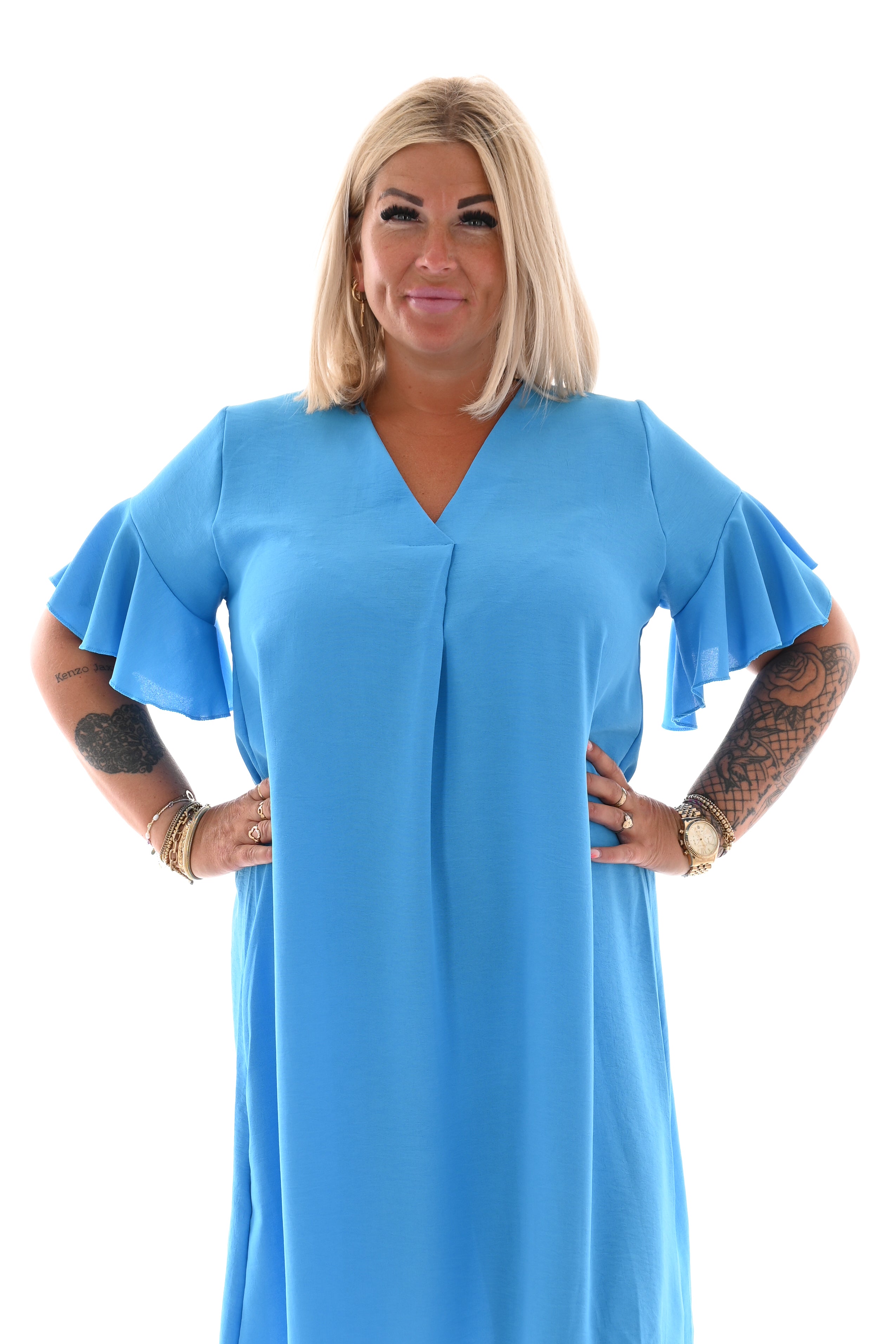 Jurk v-hals roezelmouwen uni blauw