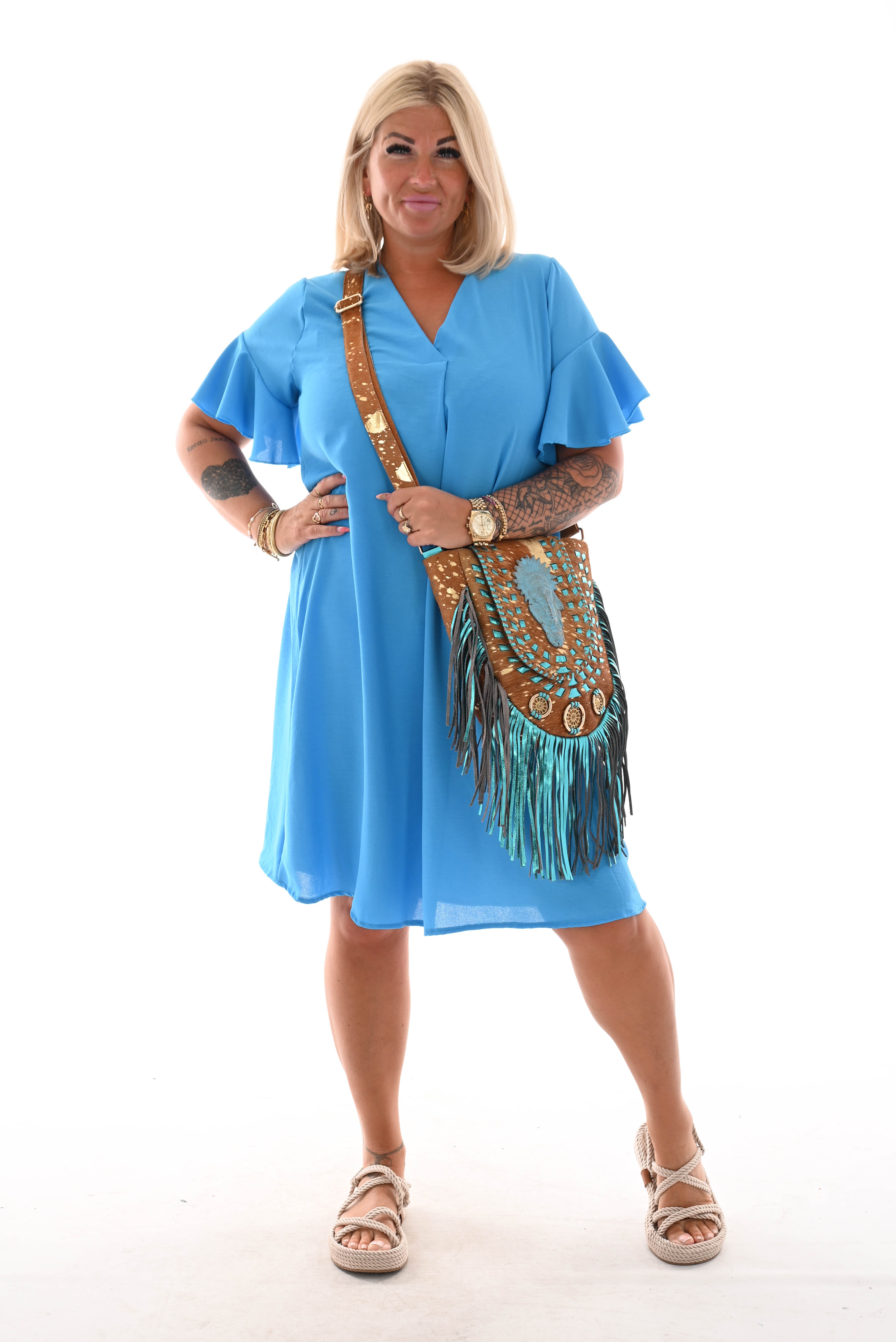 Jurk v-hals roezelmouwen uni blauw