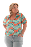 Blouse pofmouwen v-hals bloemen oranje/turquoise