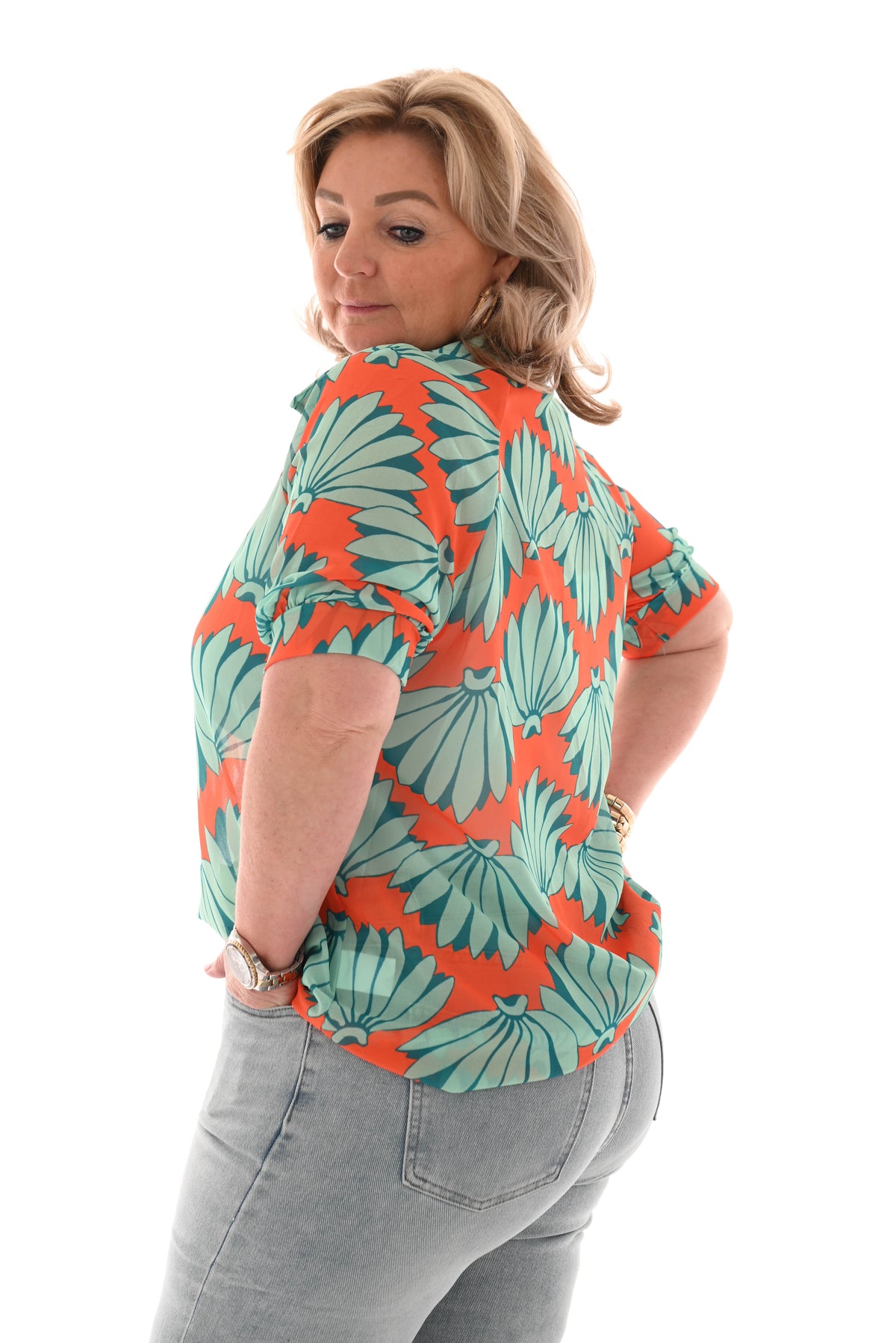 Blouse pofmouwen v-hals bloemen oranje/turquoise