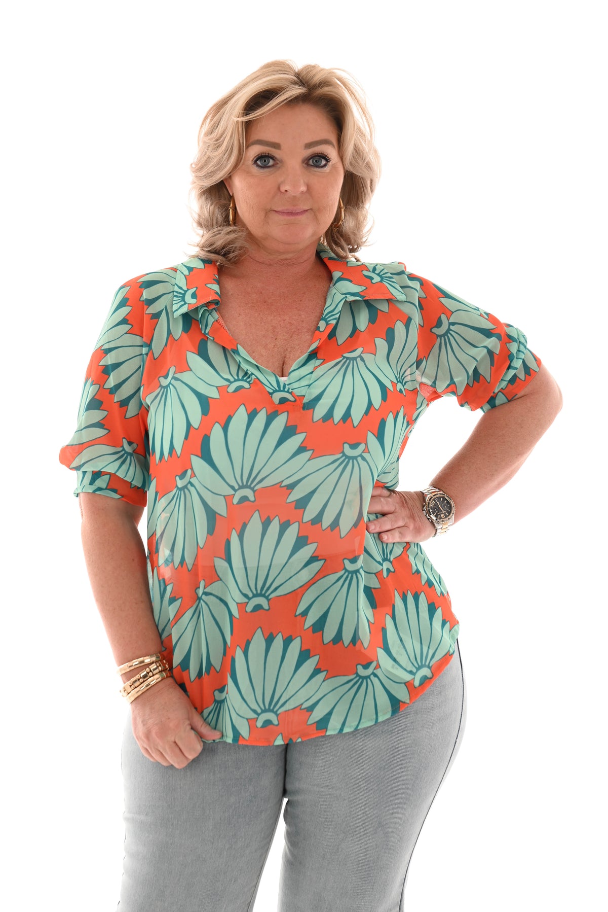 Blouse pofmouwen v-hals bloemen oranje/turquoise