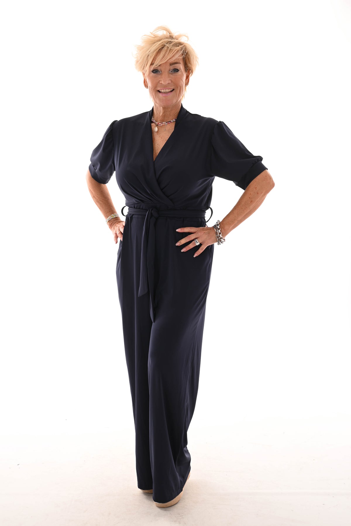 Jumpsuit overslag met strik uni marineblauw