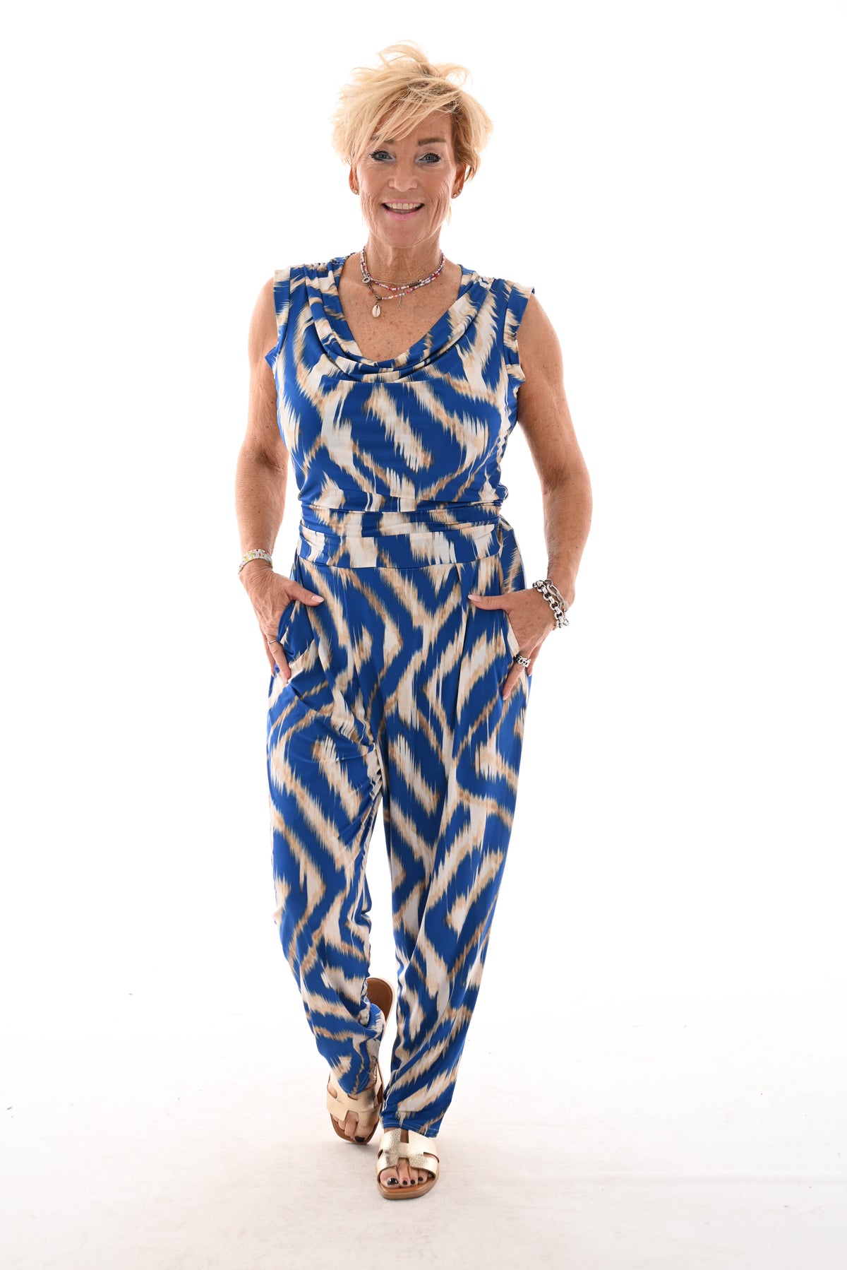 Jumpsuit waterval mouwloos vegen kobaltblauw