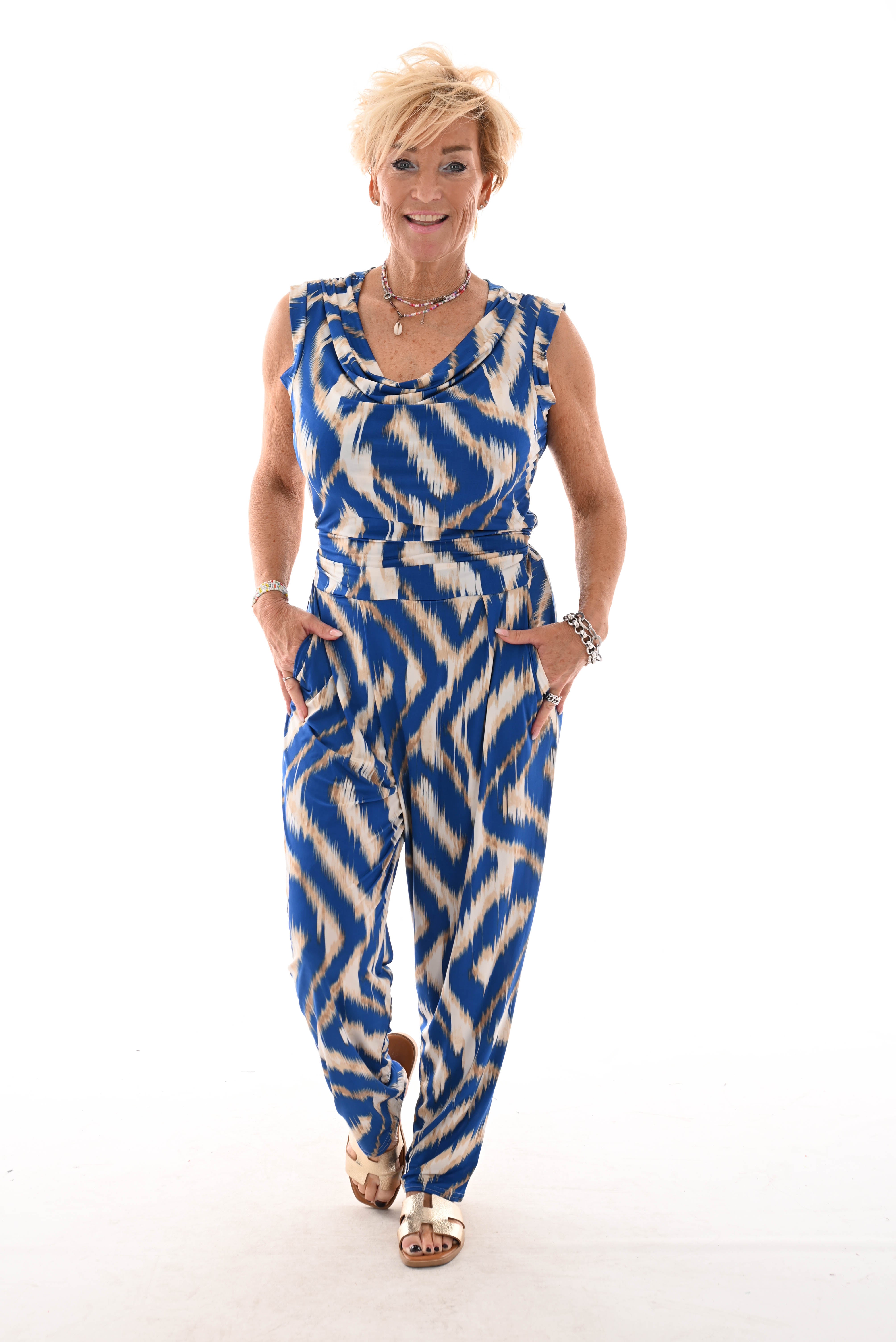 Jumpsuit waterval mouwloos vegen kobaltblauw