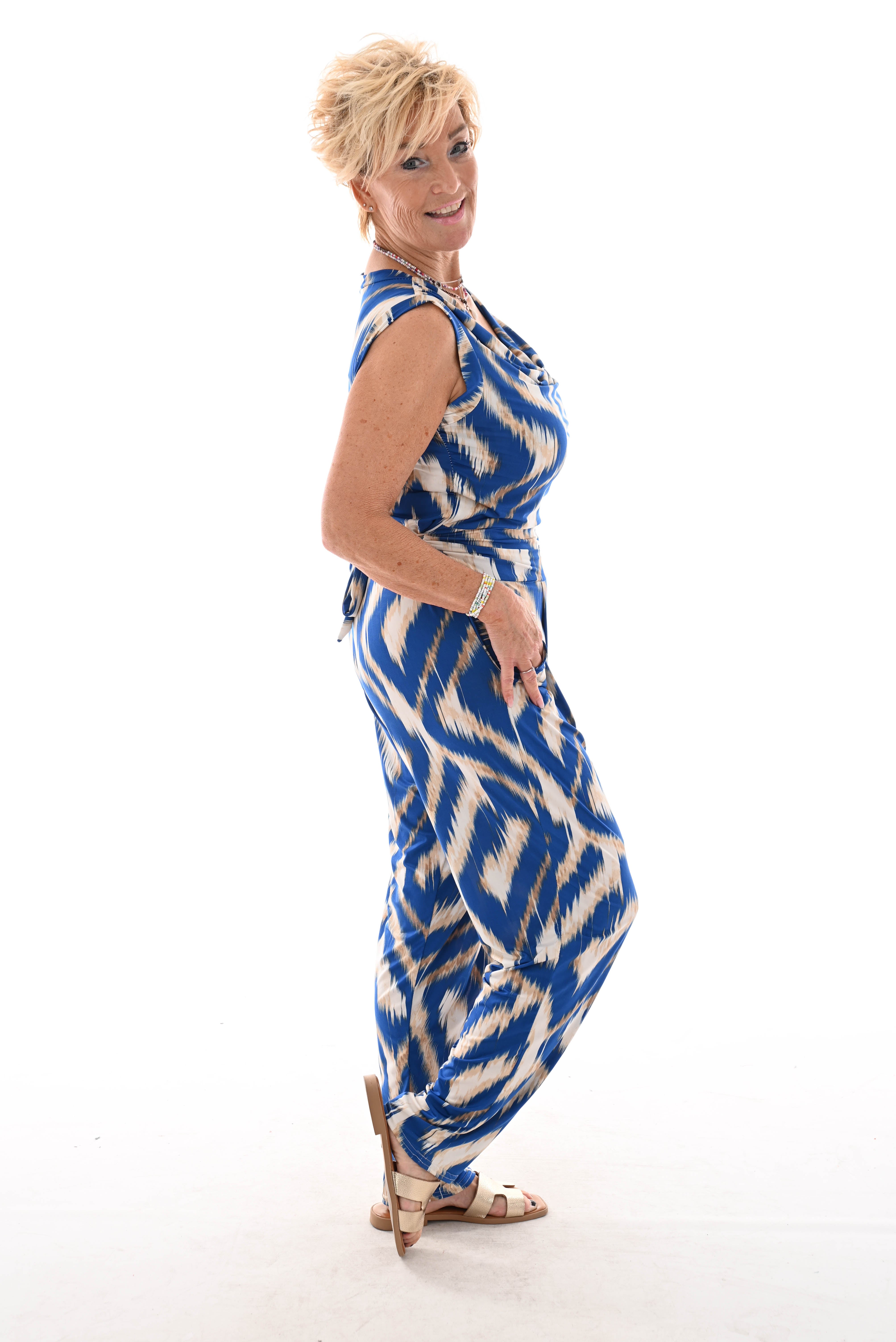 Jumpsuit waterval mouwloos vegen kobaltblauw