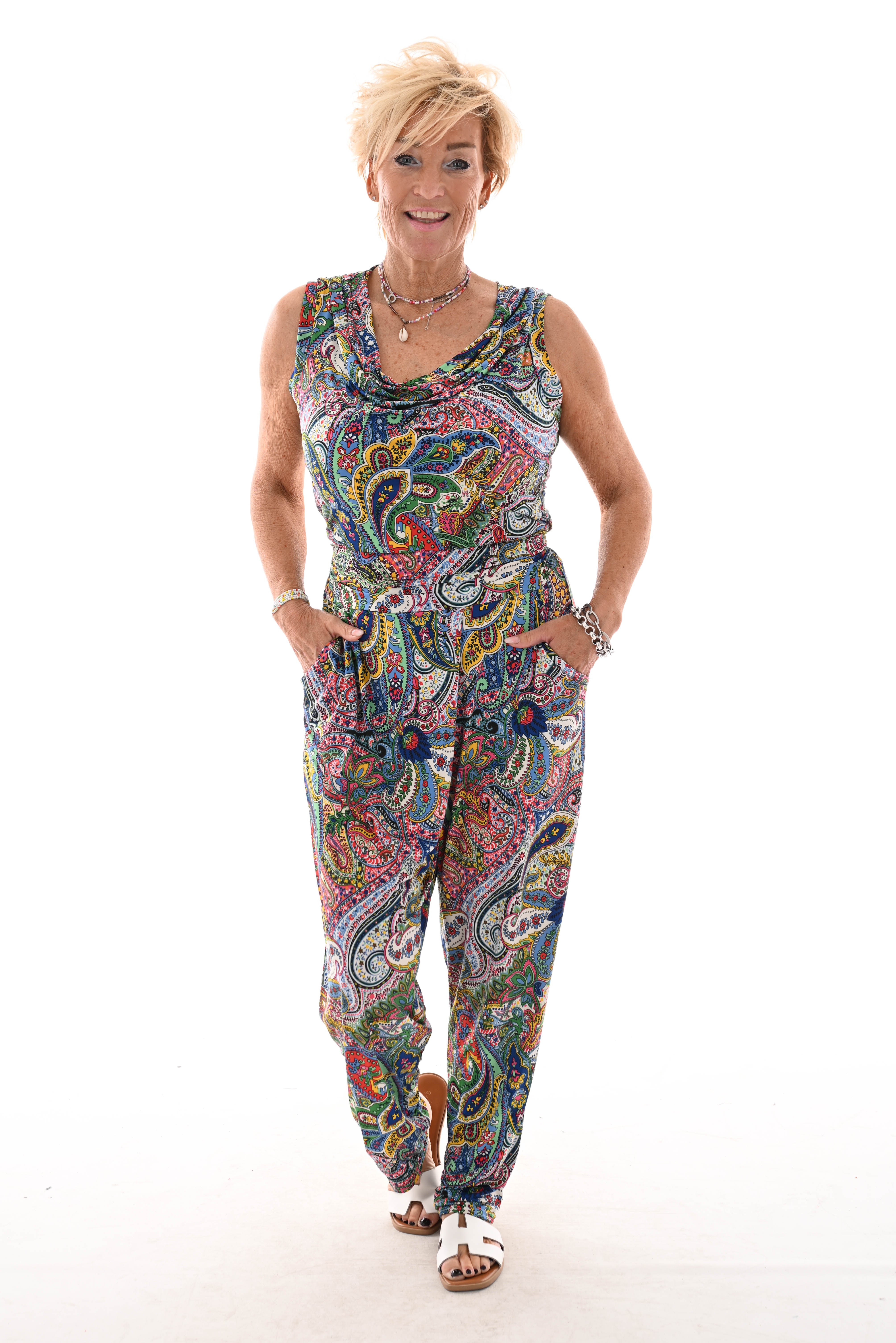 Jumpsuit waterval mouwloos paisley kobaltblauw/groen