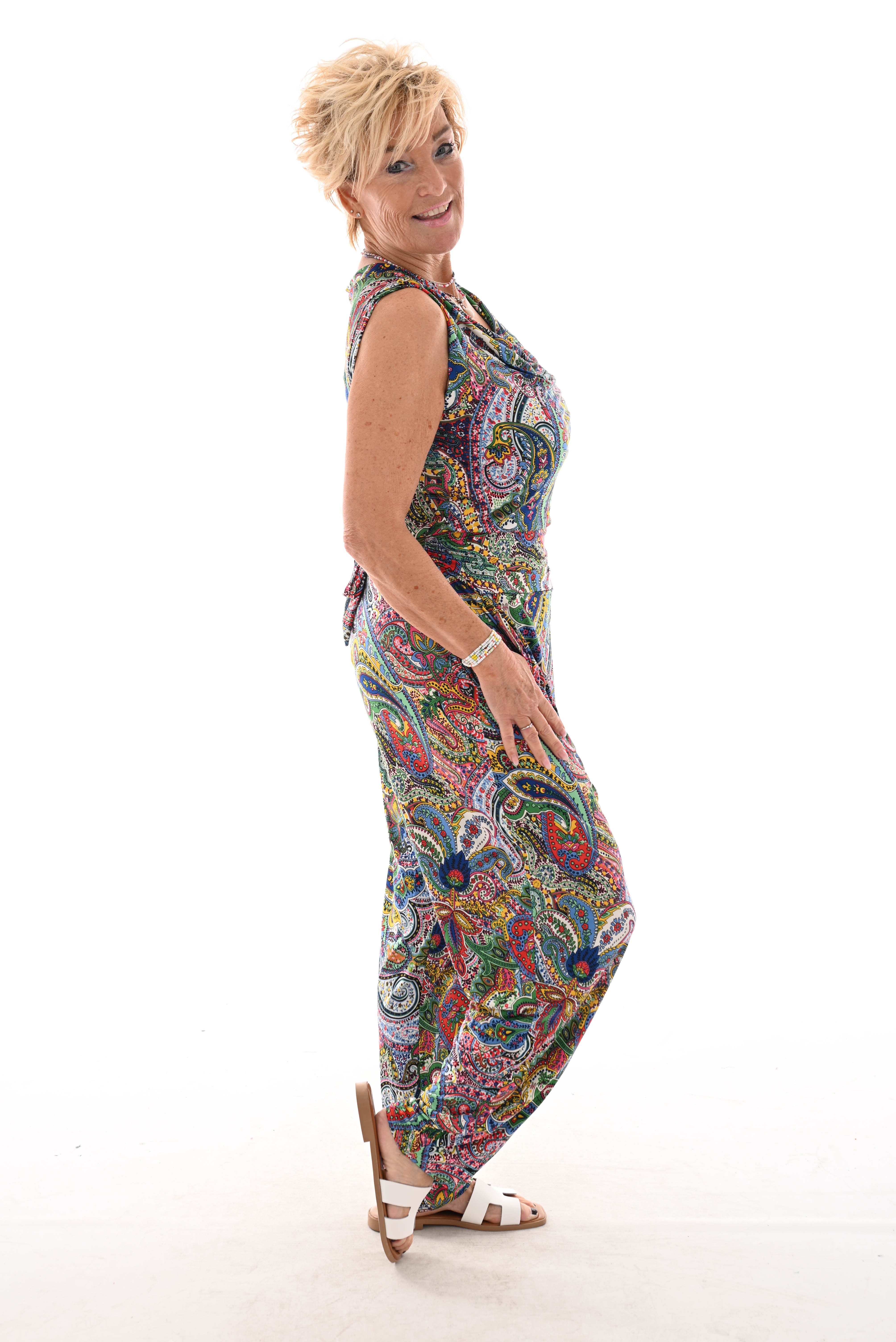 Jumpsuit waterval mouwloos paisley kobaltblauw/groen