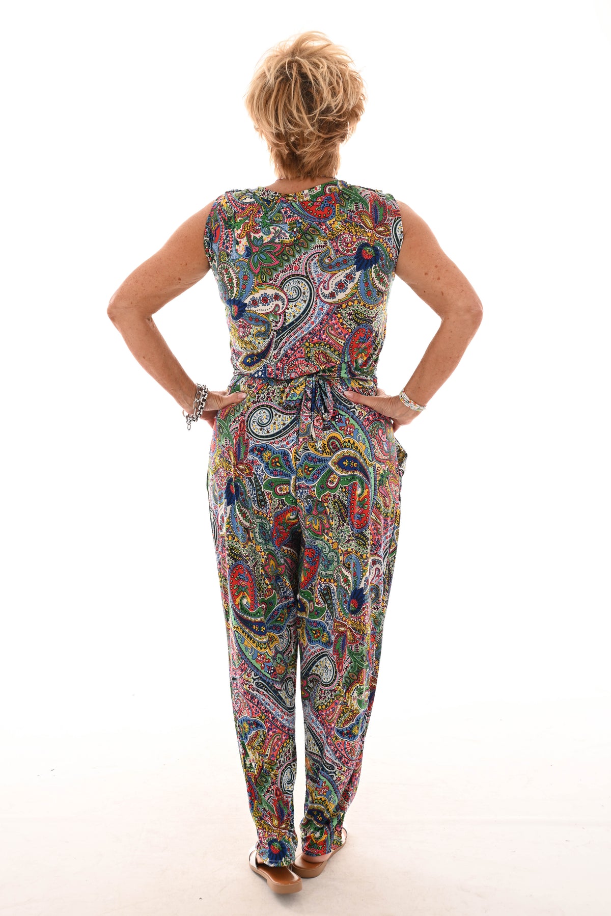 Jumpsuit waterval mouwloos paisley kobaltblauw/groen