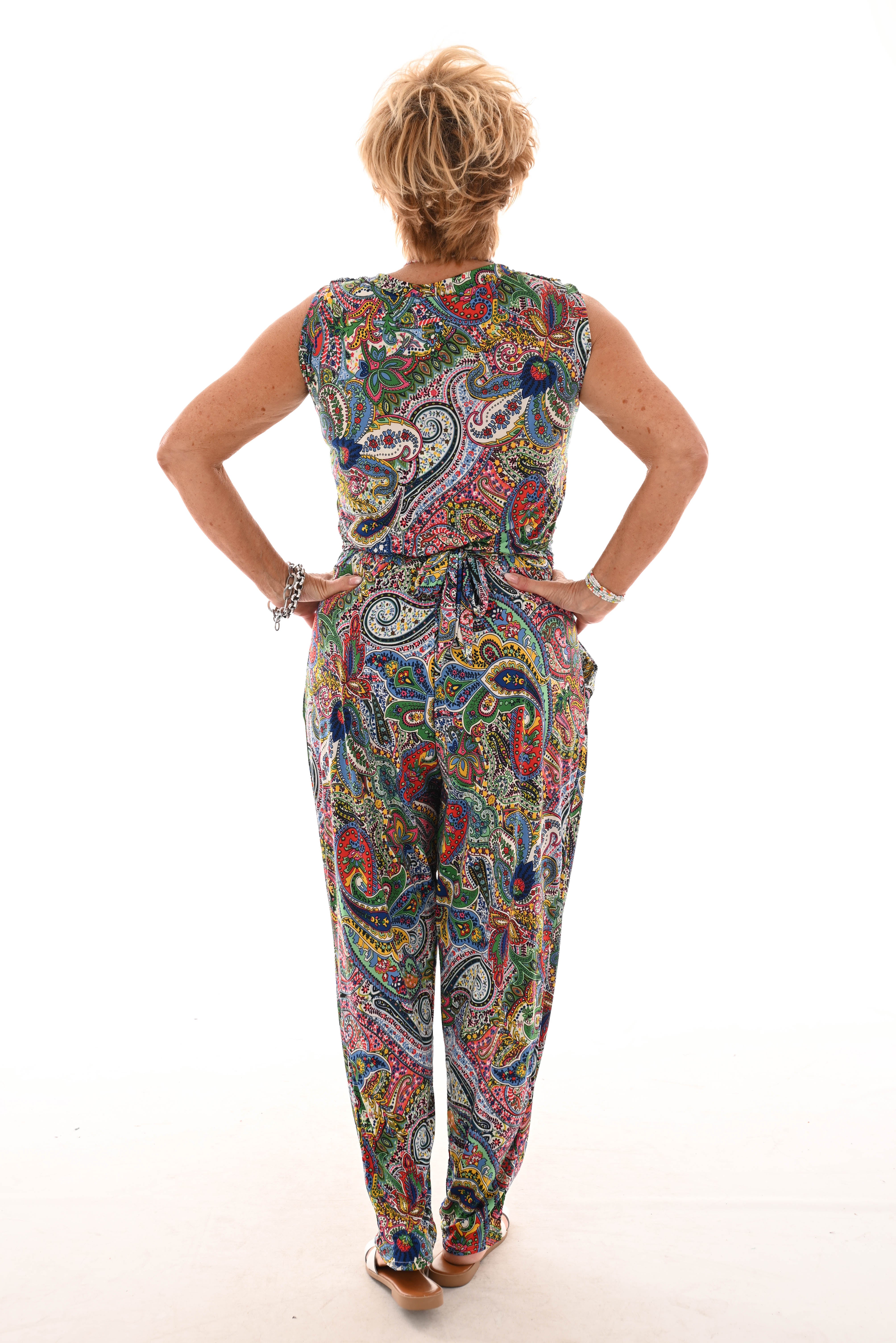 Jumpsuit waterval mouwloos paisley kobaltblauw/groen