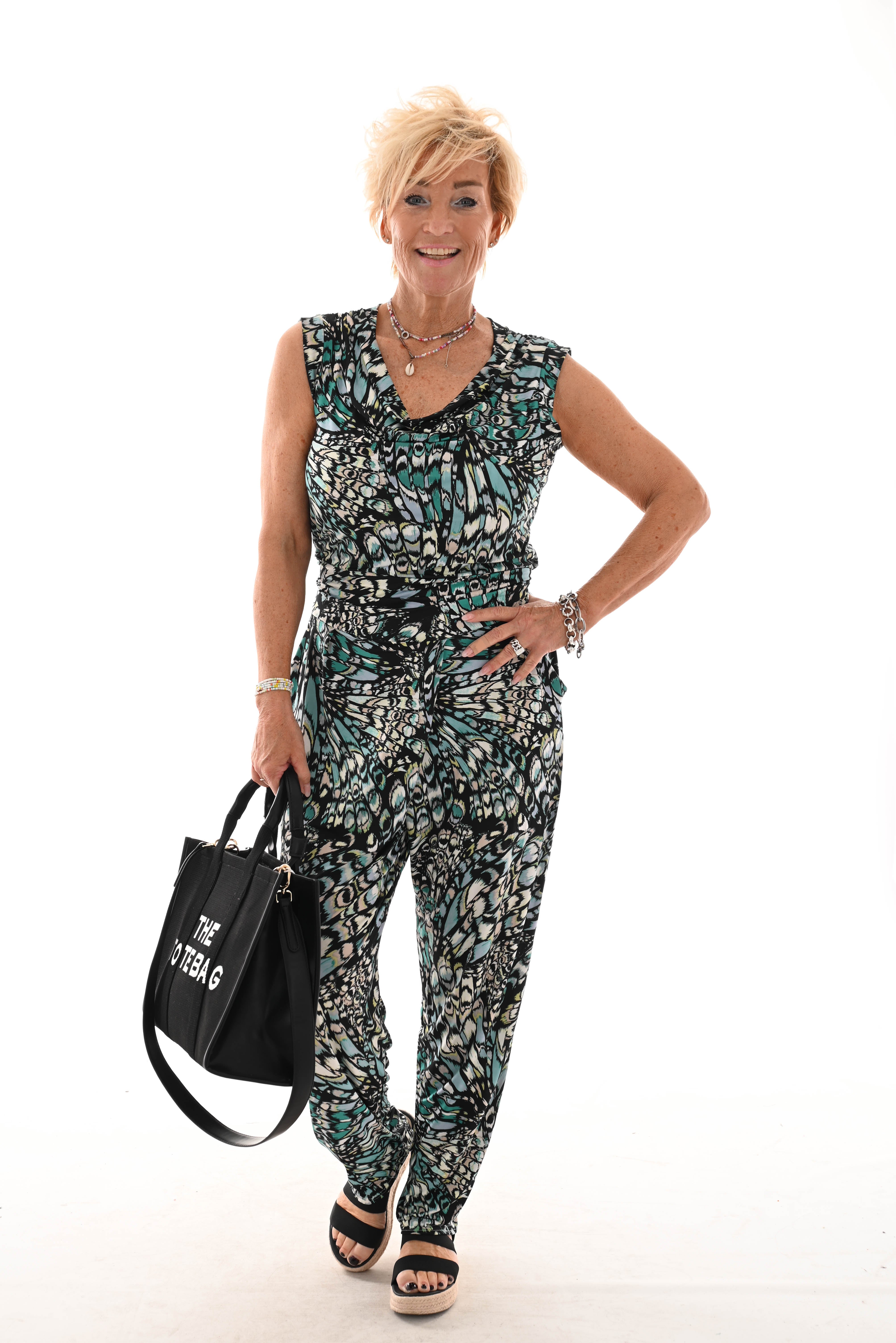 Jumpsuit waterval mouwloos kaleidoscoop turquoise