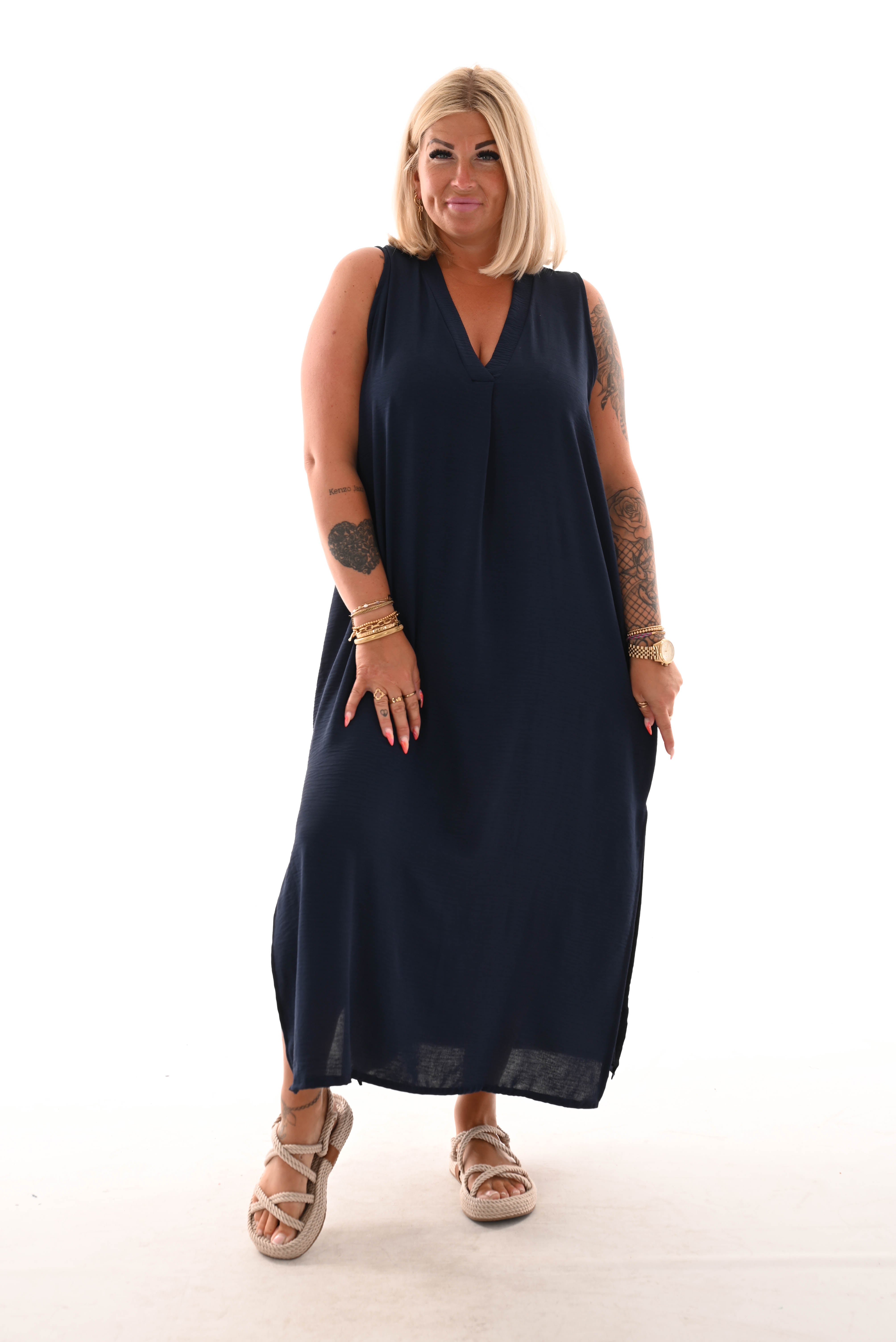 Mouweloze jurk v-hals uni marineblauw