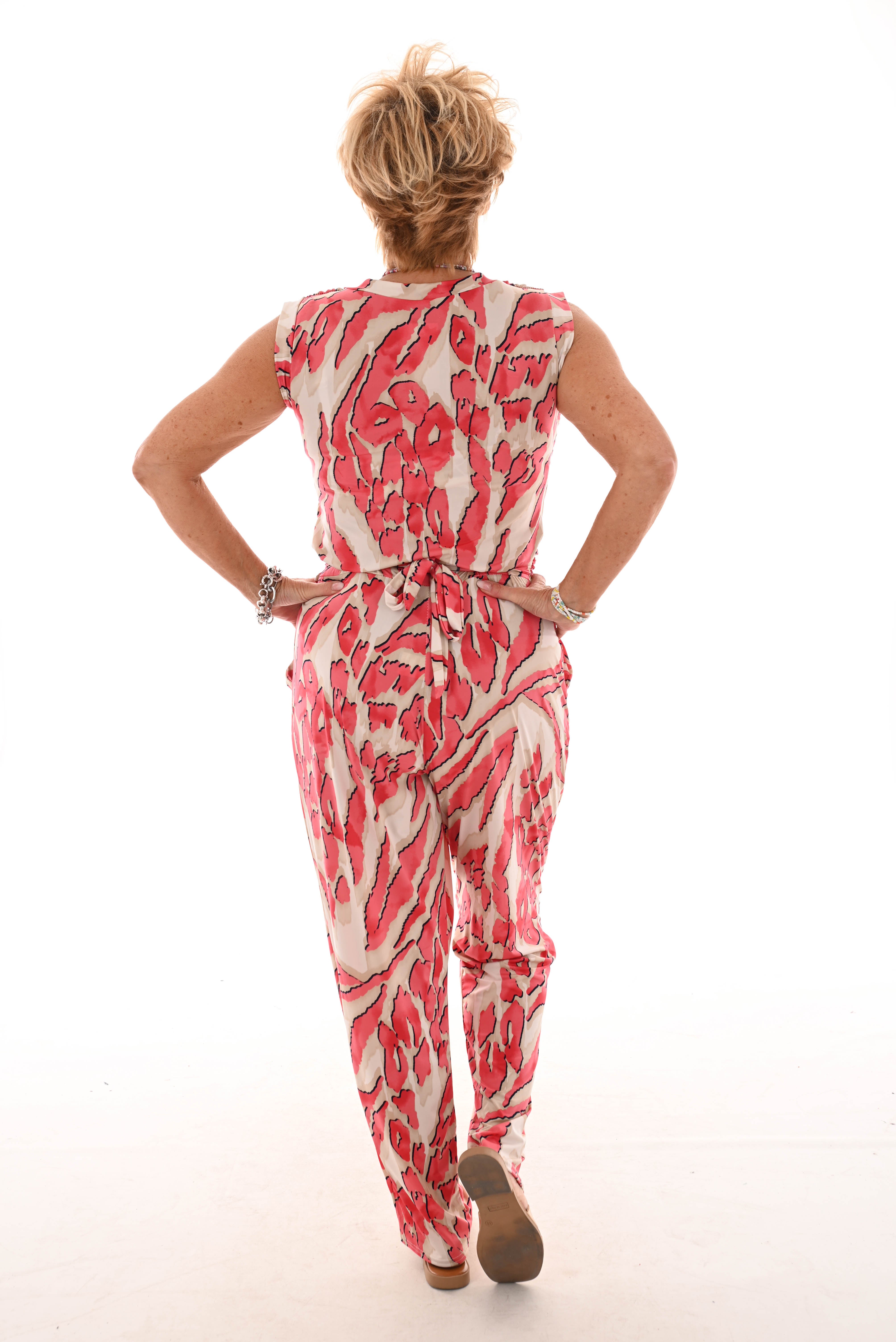 Jumpsuit waterval mouwloos panter roze