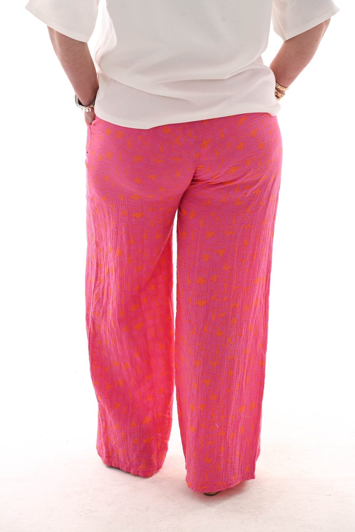 Katoenen wijde broek met panter roze/oranje