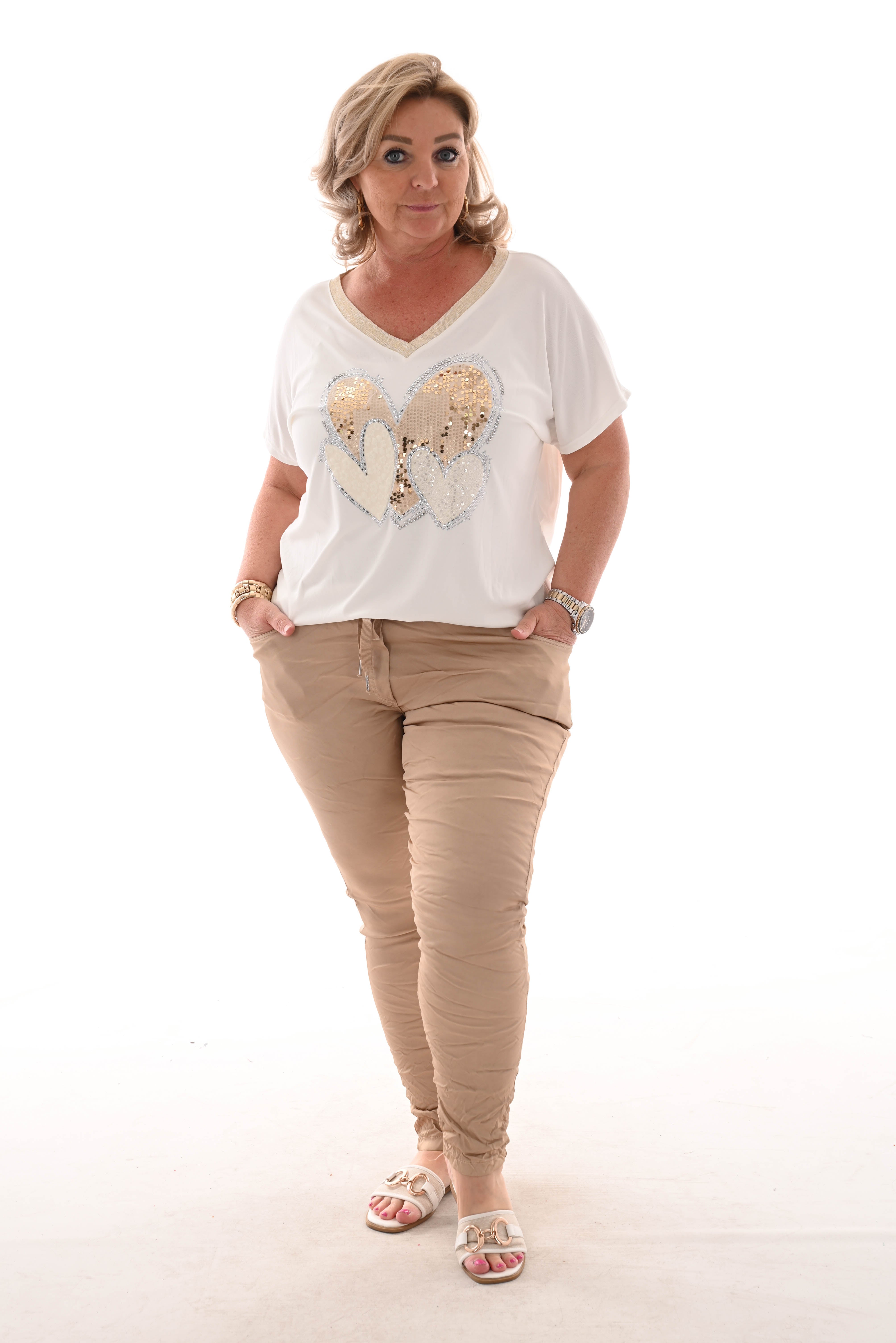 Top v-hals lurex hartjes roomwit
