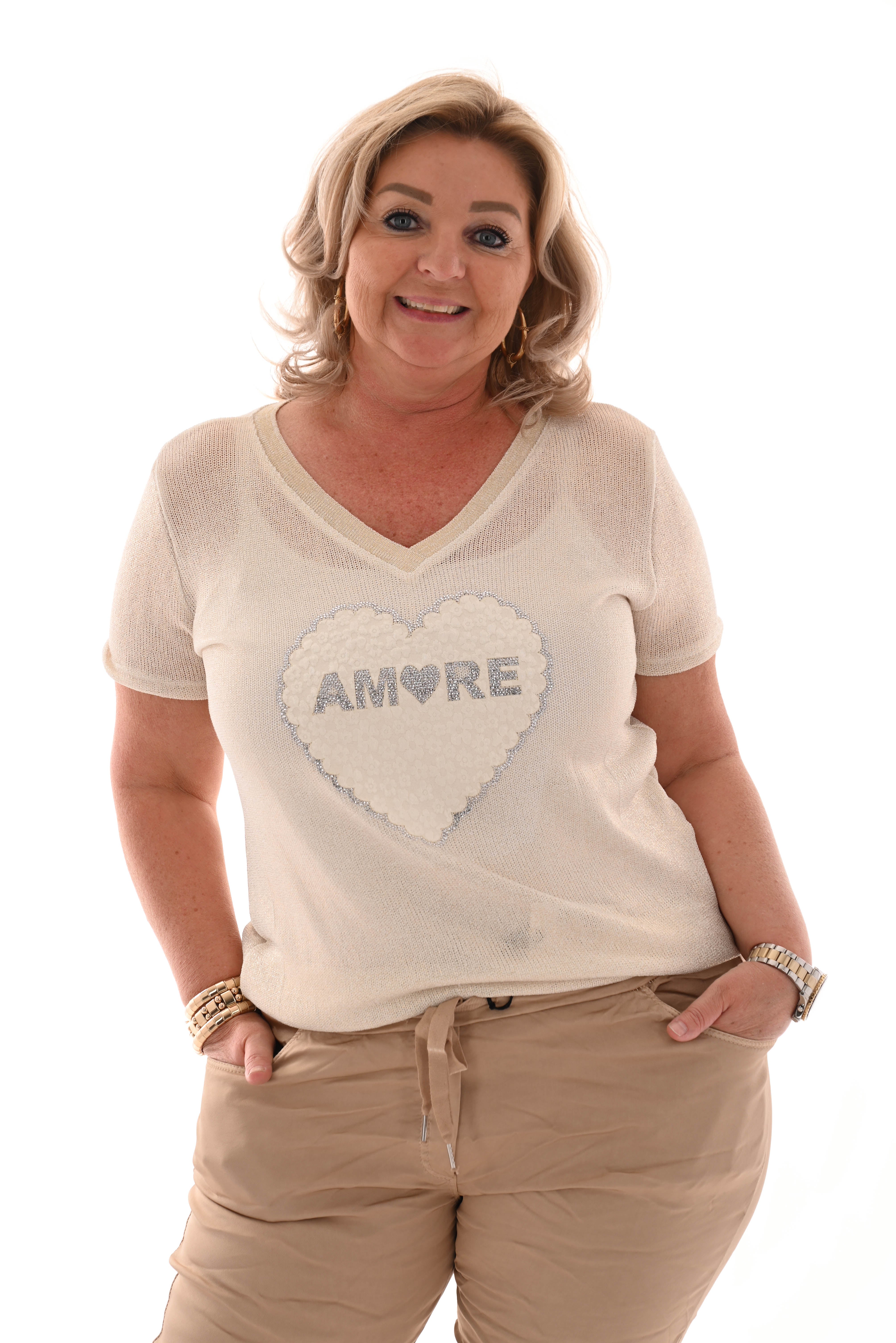 Doorschijnende top amore roomwit/goud