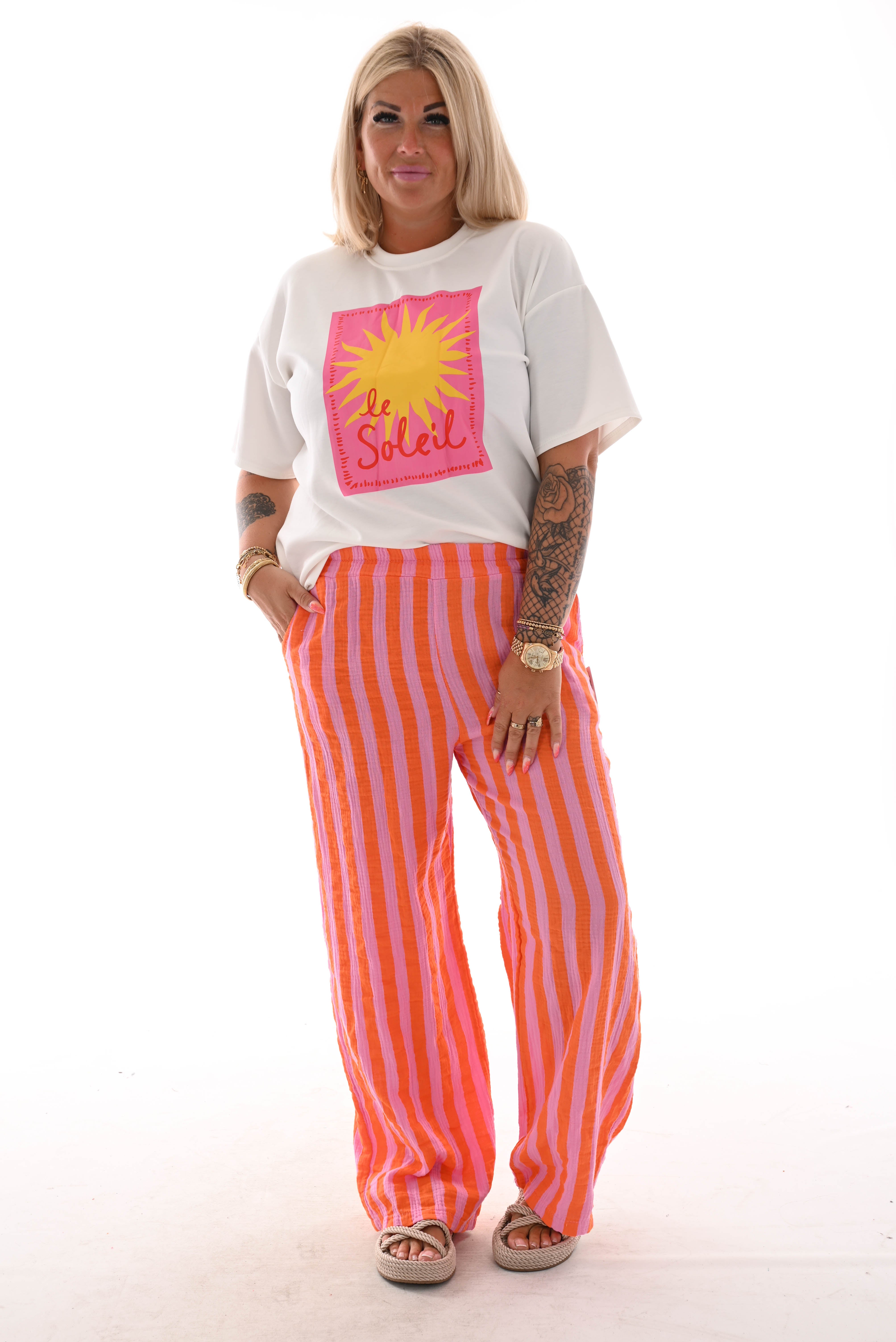 Katoenen wijde broek met strepen lichtroze/ oranje