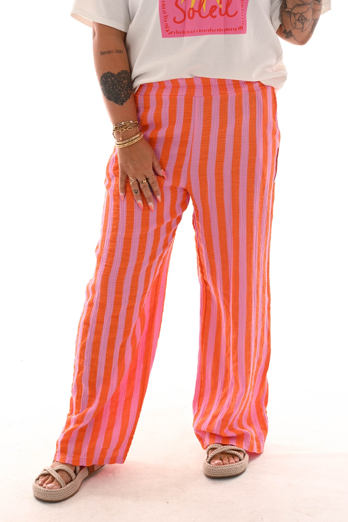 Katoenen wijde broek met strepen lichtroze/ oranje