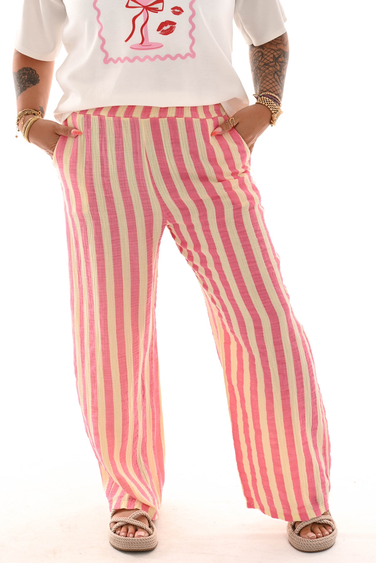 Katoenen wijde broek met strepen lichtgeel/roze