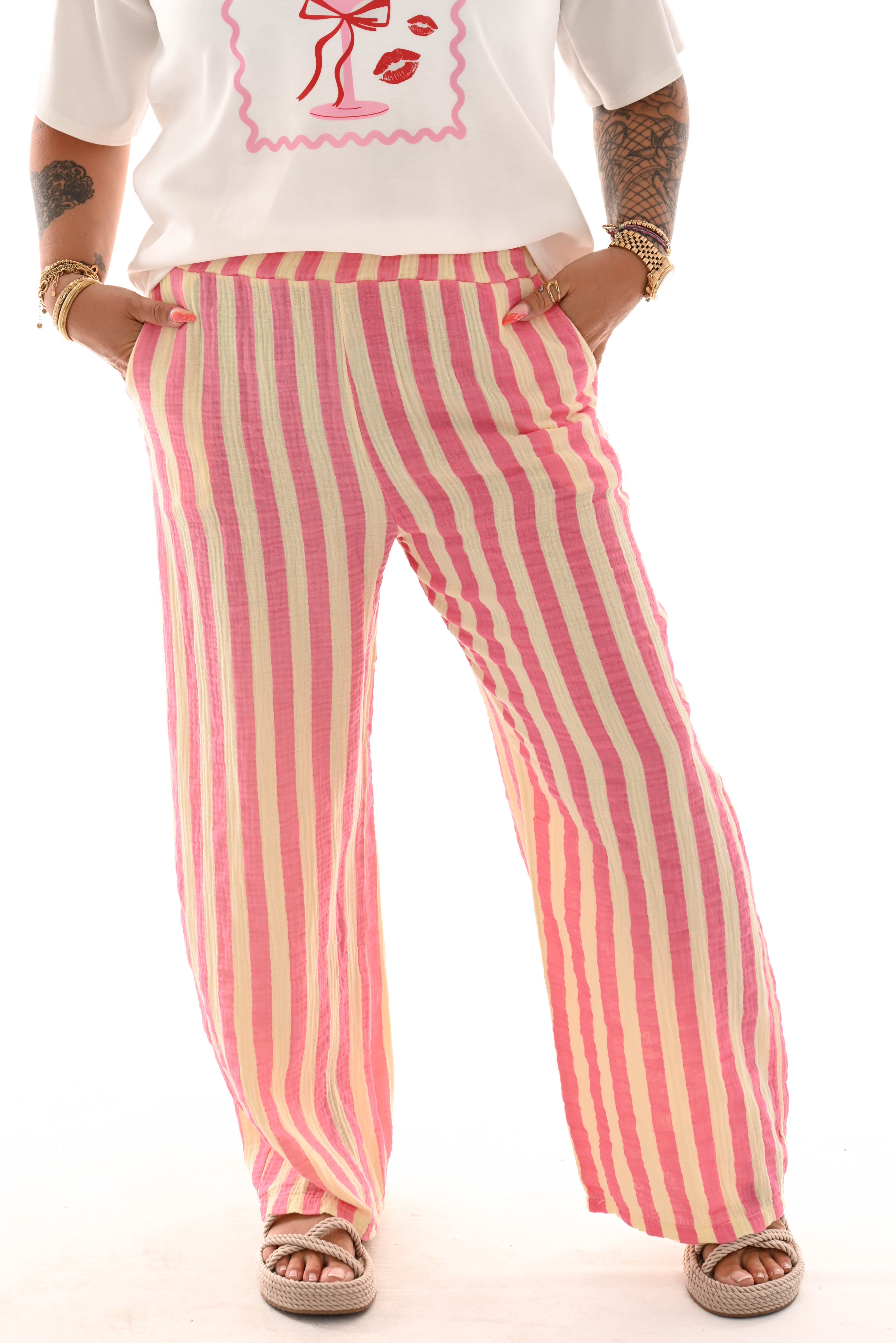 Katoenen wijde broek met strepen lichtgeel/roze