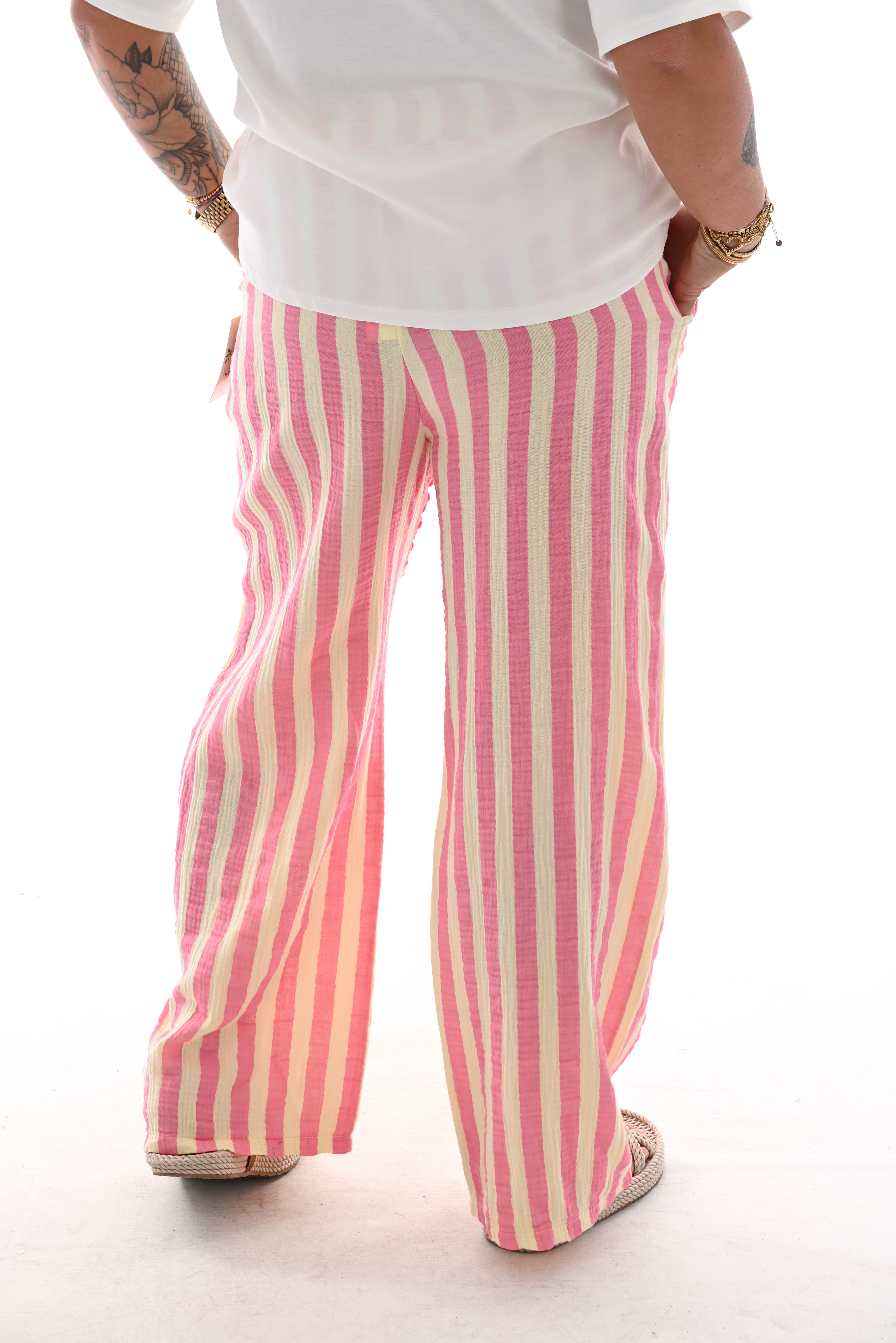 Katoenen wijde broek met strepen lichtgeel/roze