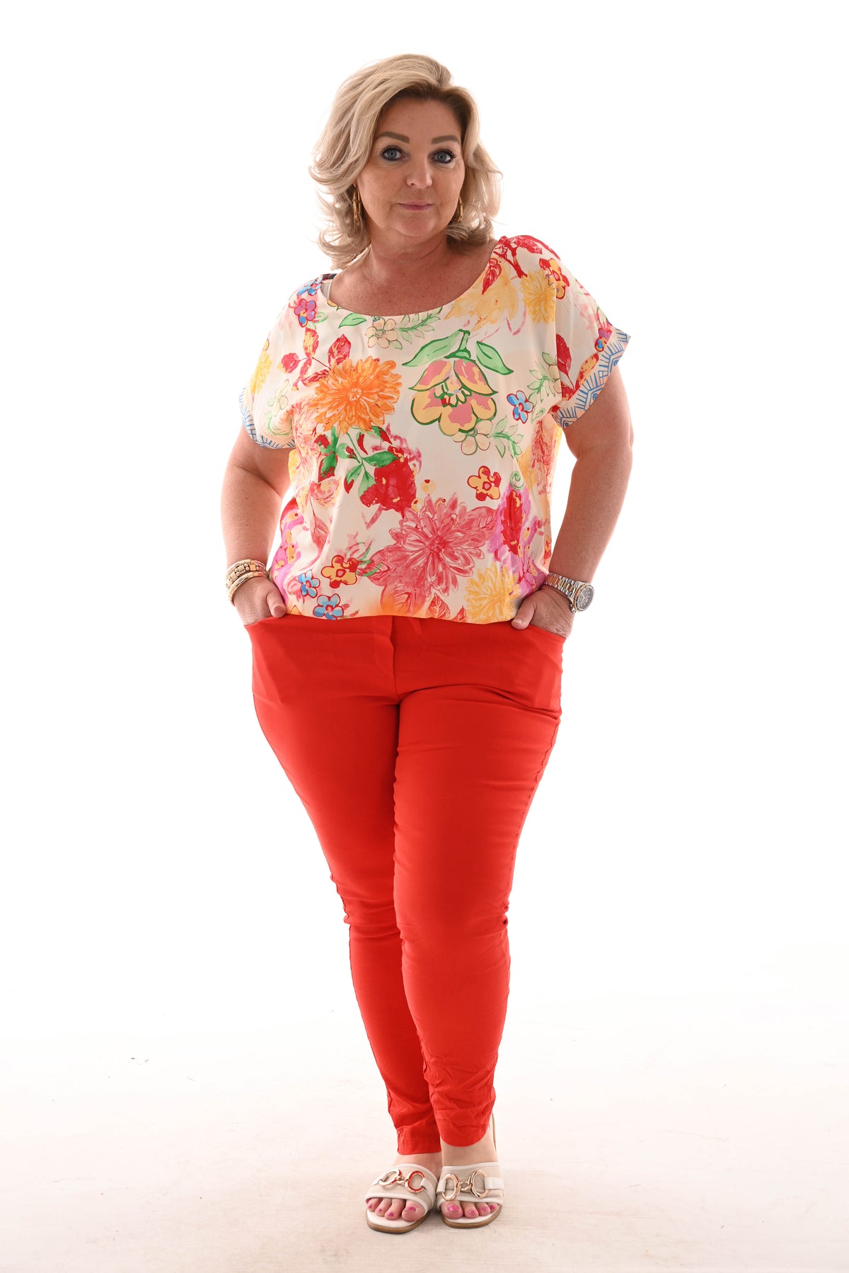 Top viscose ronde hals bloemen roze/oranje