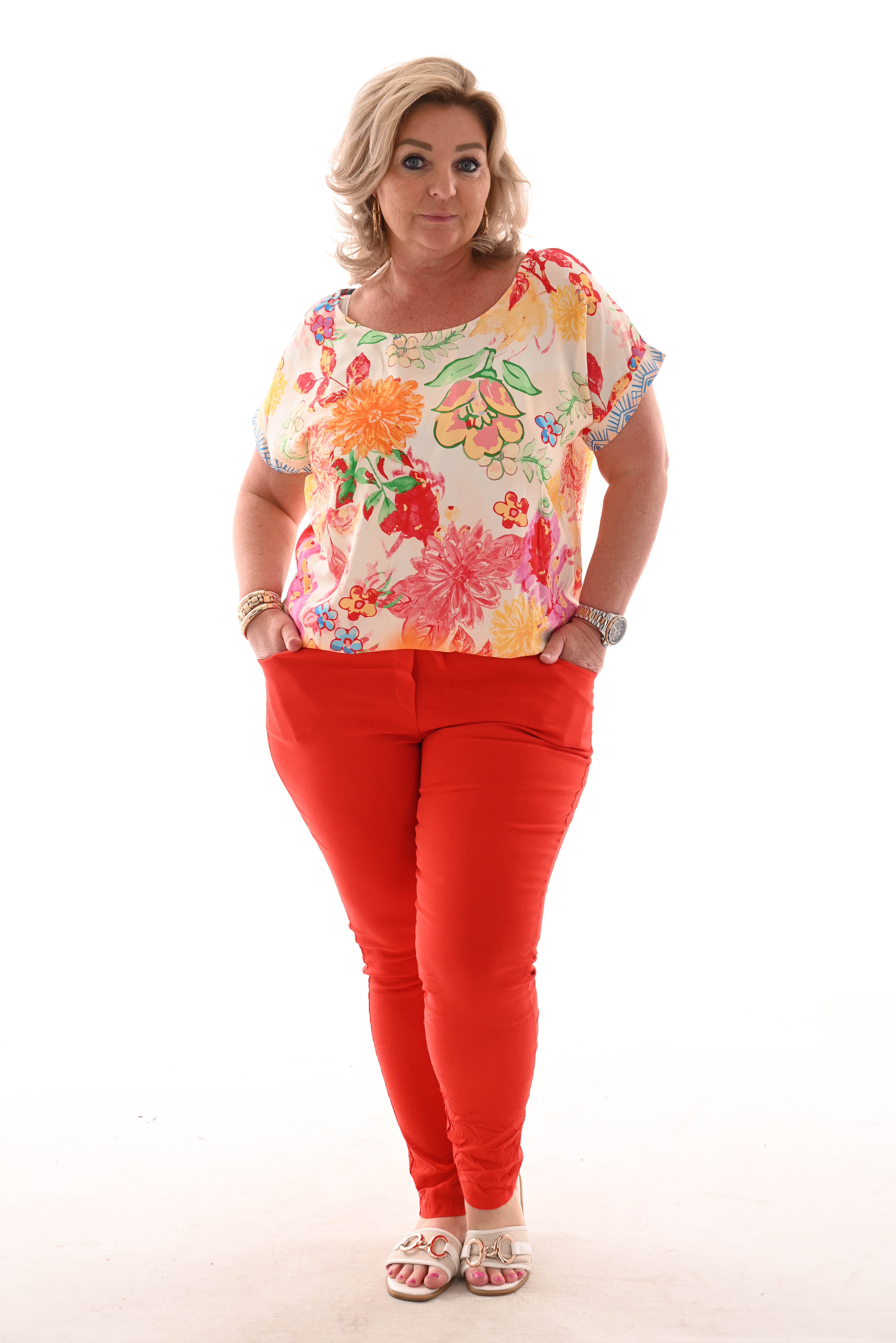 Top viscose ronde hals bloemen roze/oranje