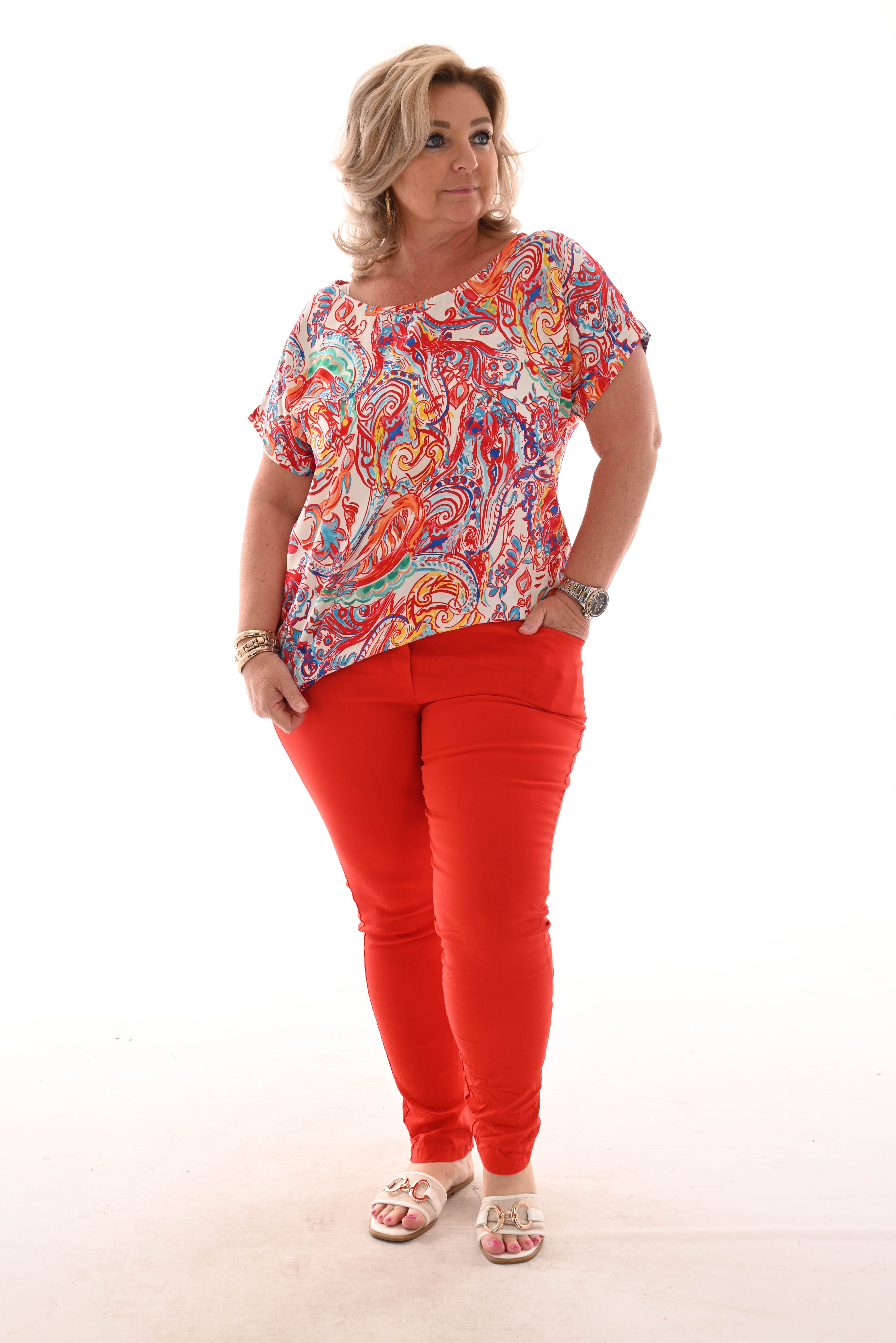 Top viscose ronde hals barok paisley rood/wit
