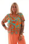Ballon top blaadjes oranje/turquoise