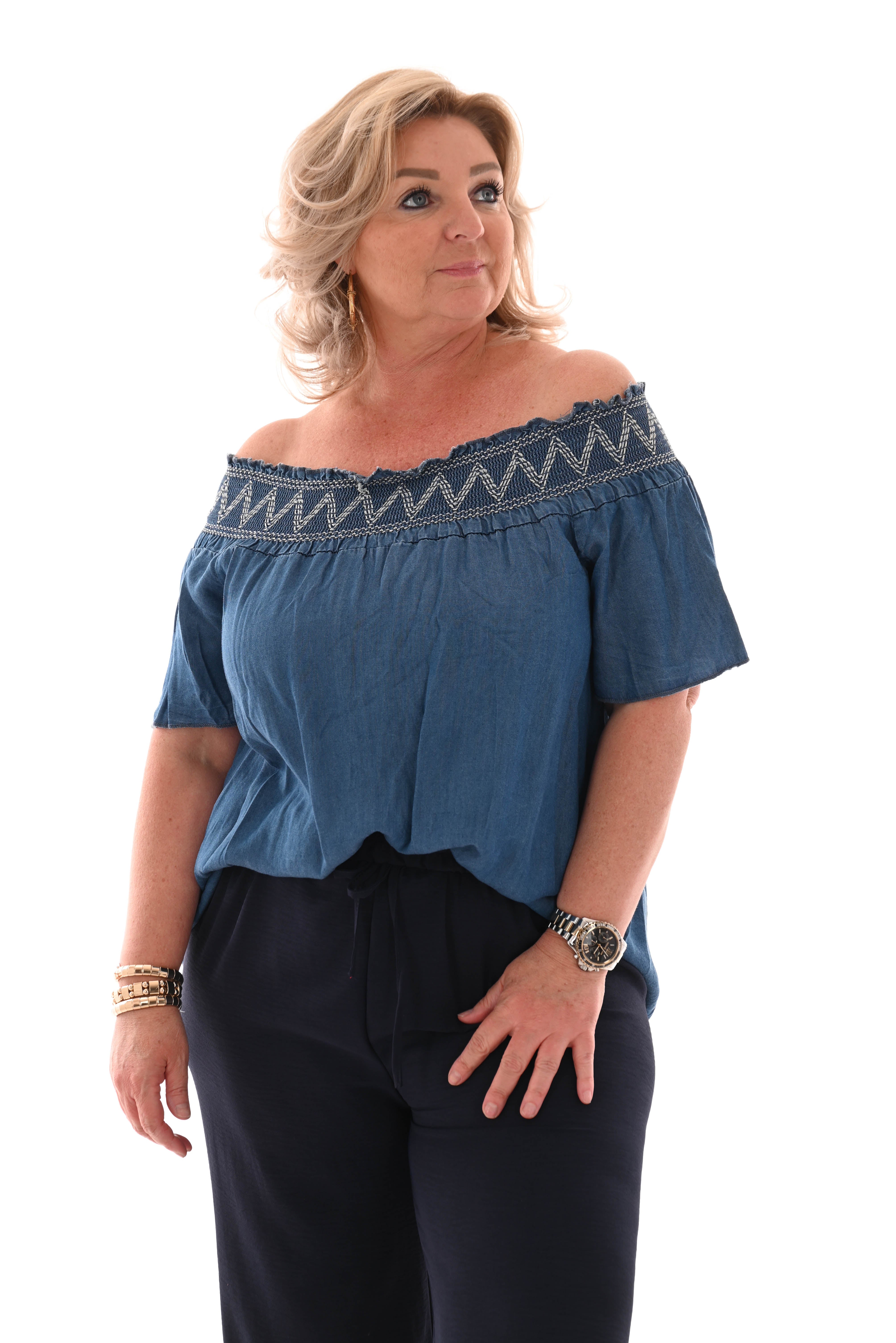 Off shoulder spijker top donkerblauw