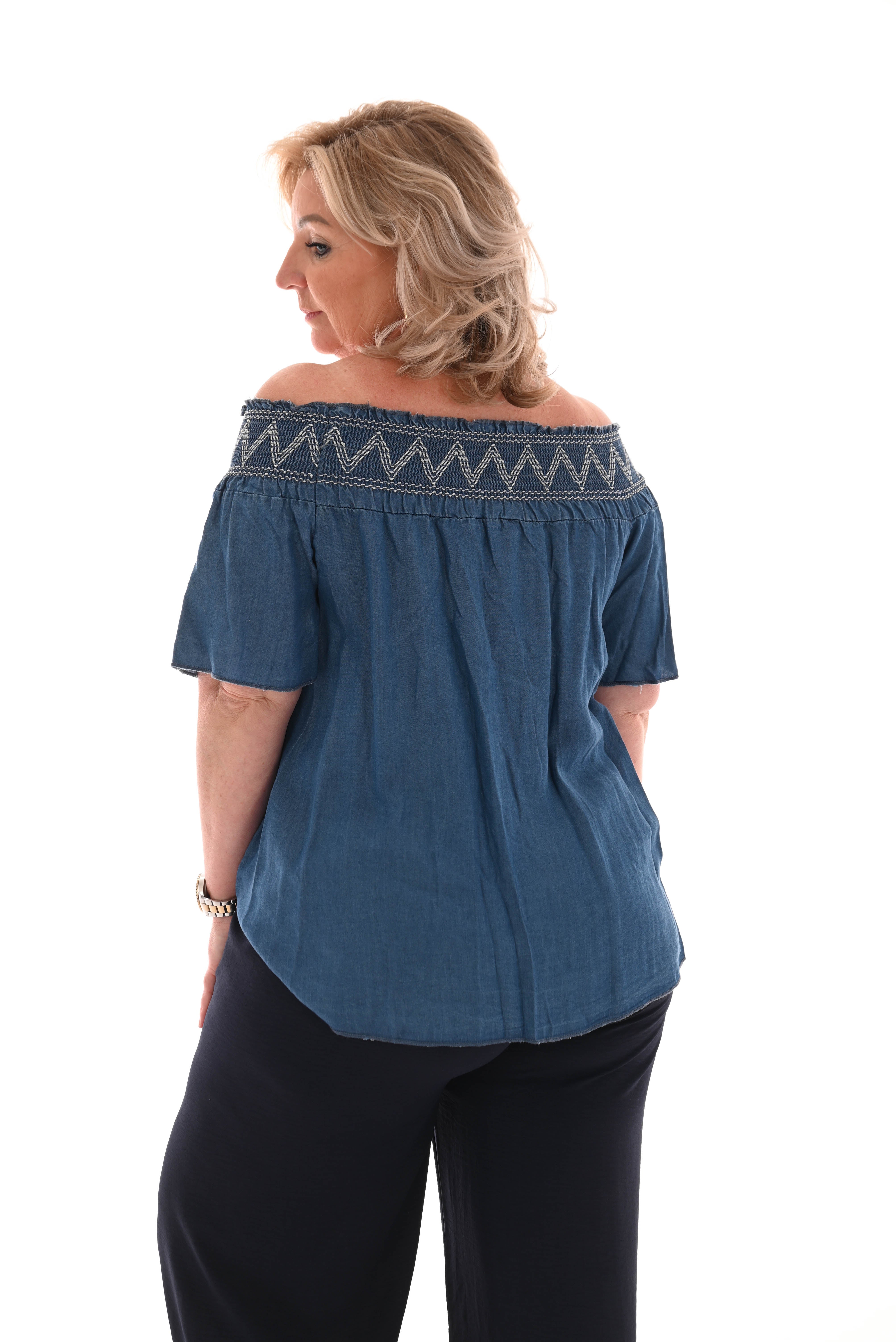 Off shoulder spijker top donkerblauw