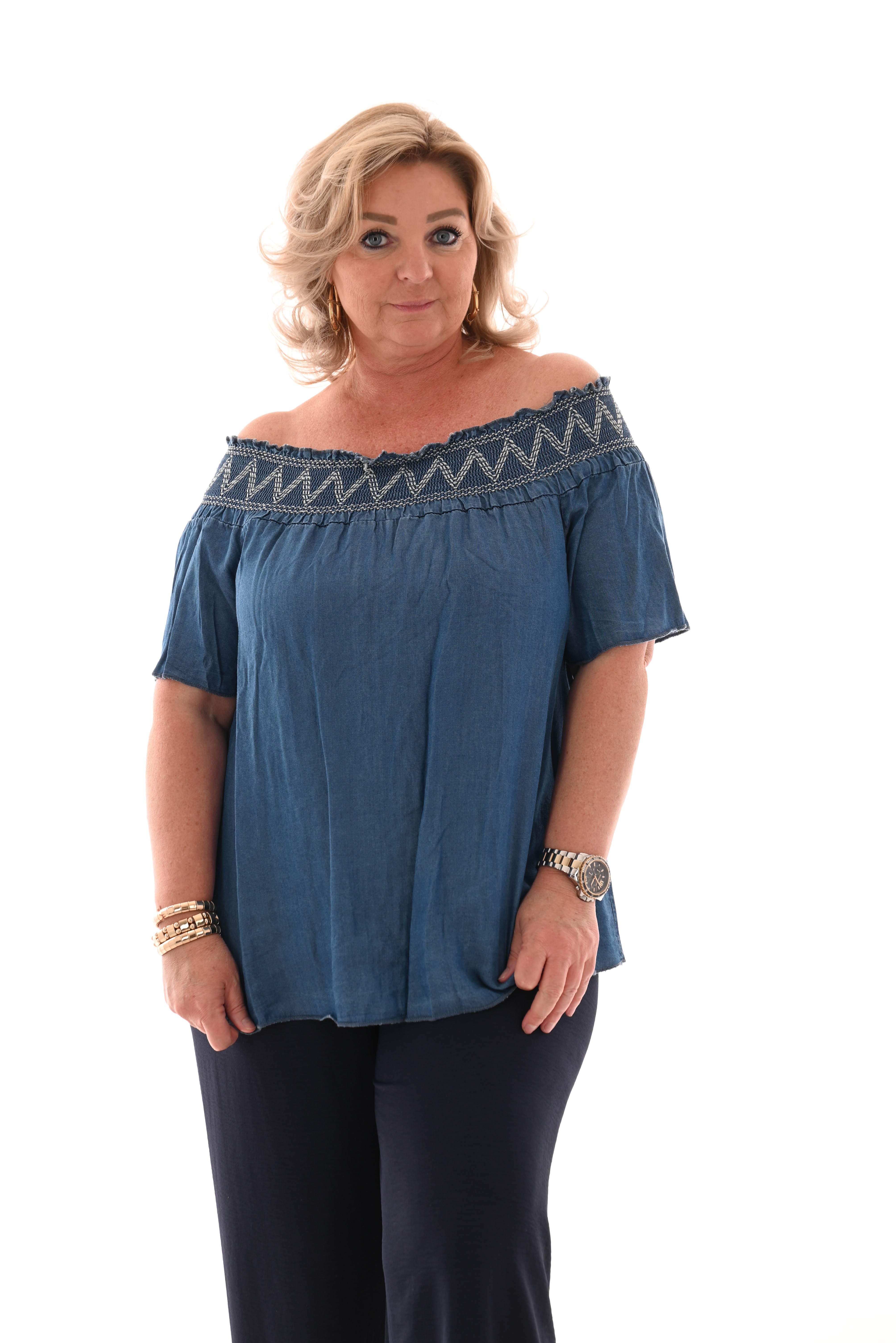Off shoulder spijker top donkerblauw