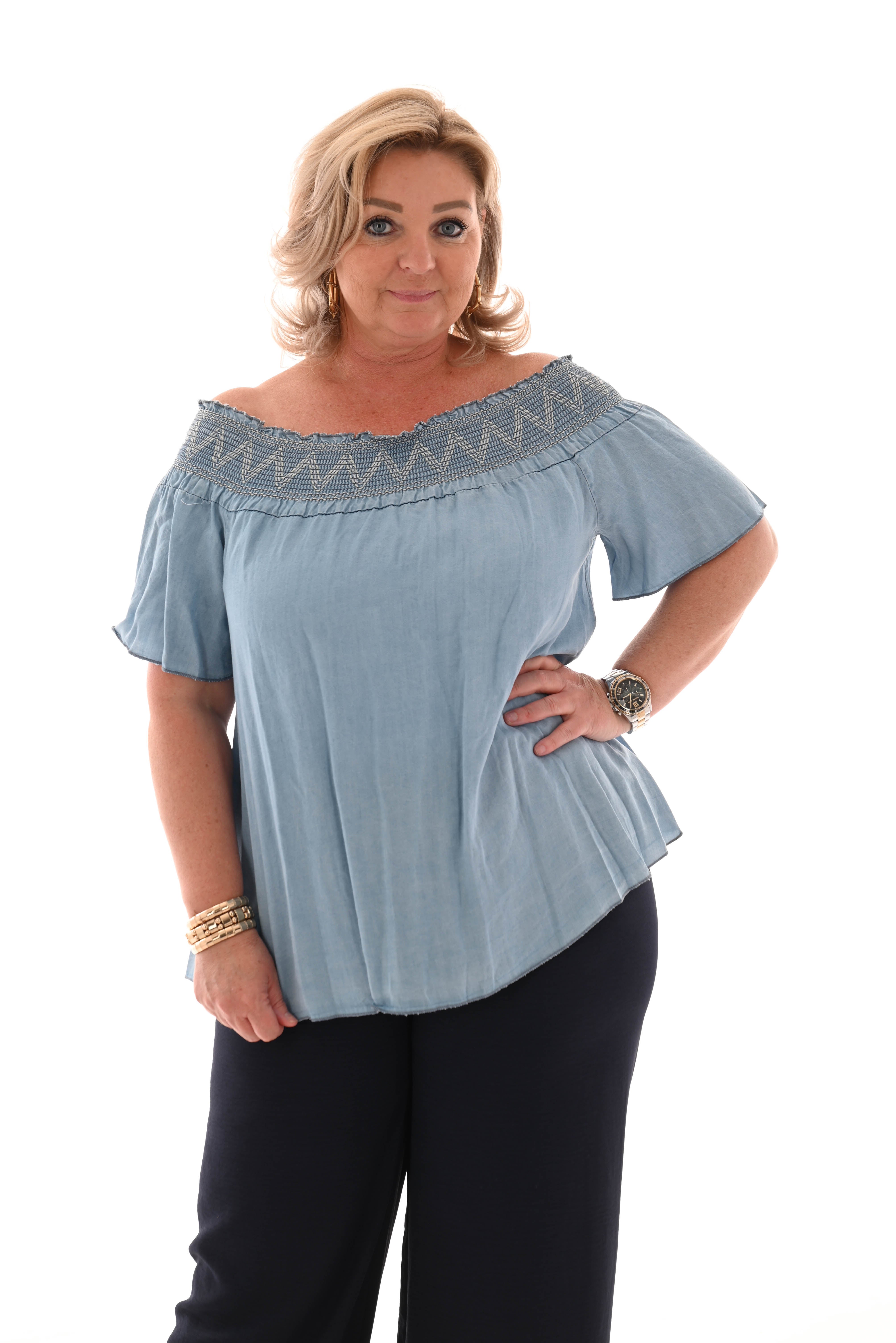 Off shoulder spijker top blauw