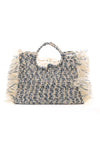 Geweven strandtas franjes jeansblauw/creme