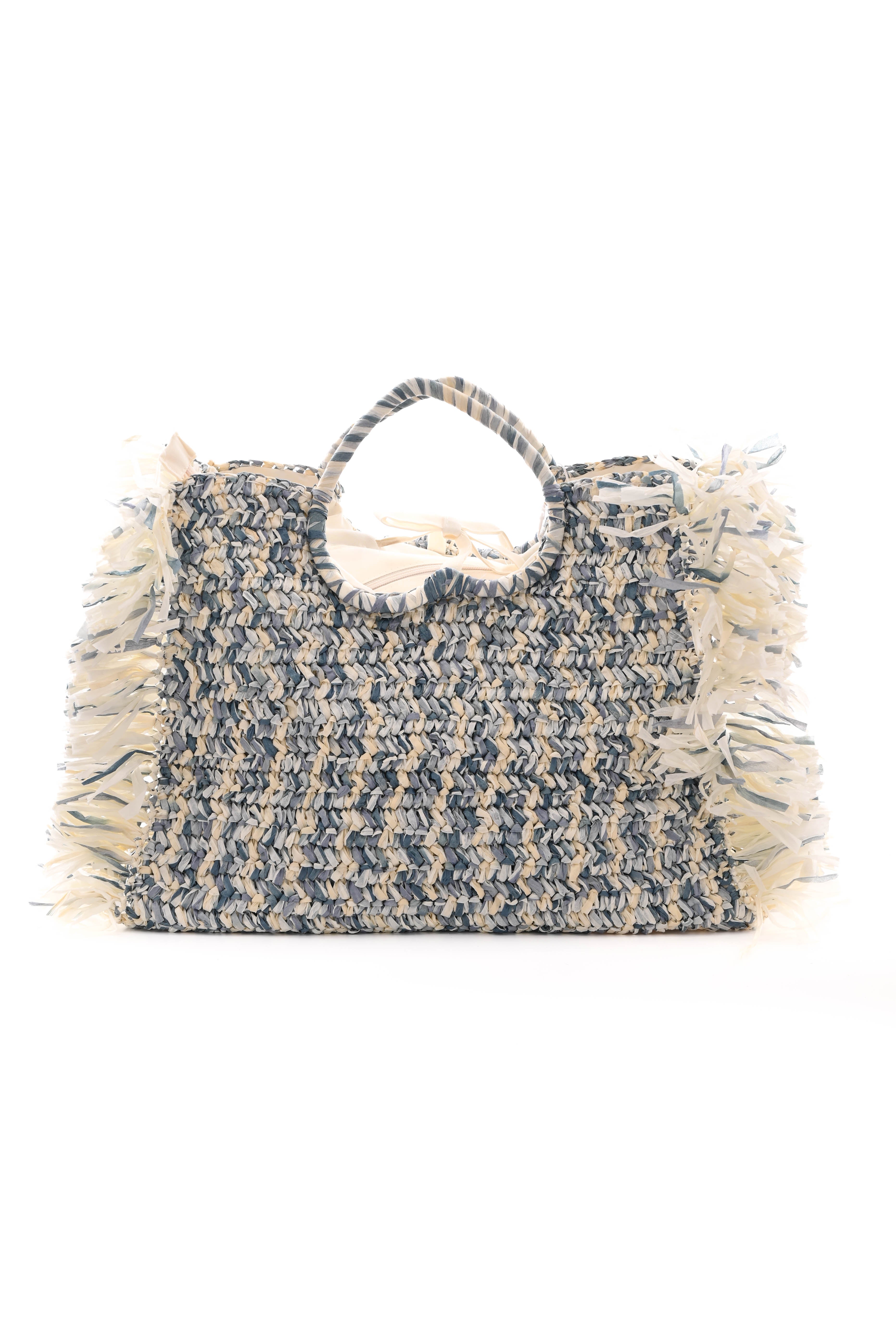 Geweven strandtas franjes jeansblauw/creme