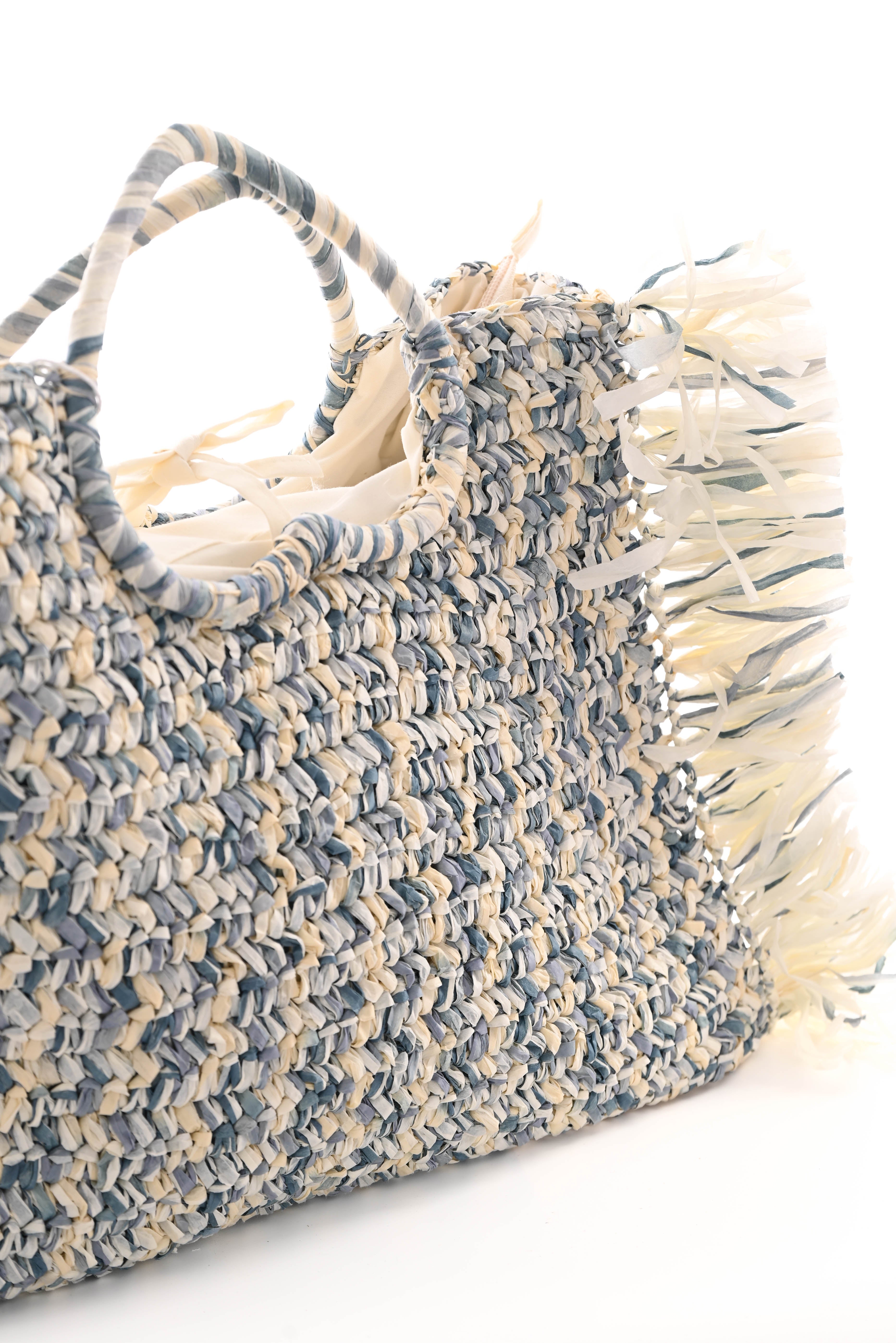 Geweven strandtas franjes jeansblauw/creme
