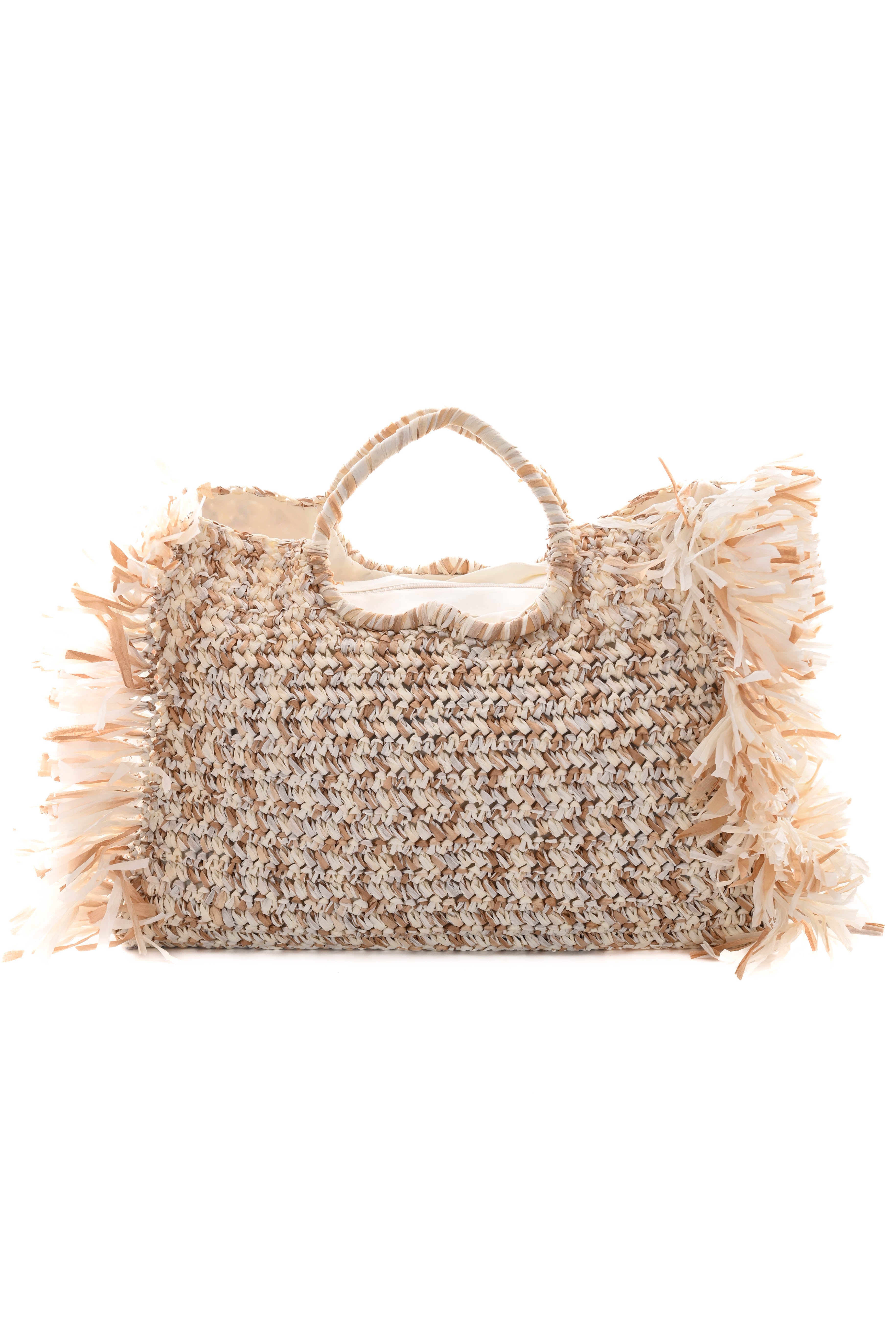 Geweven strandtas franjes creme/bruin