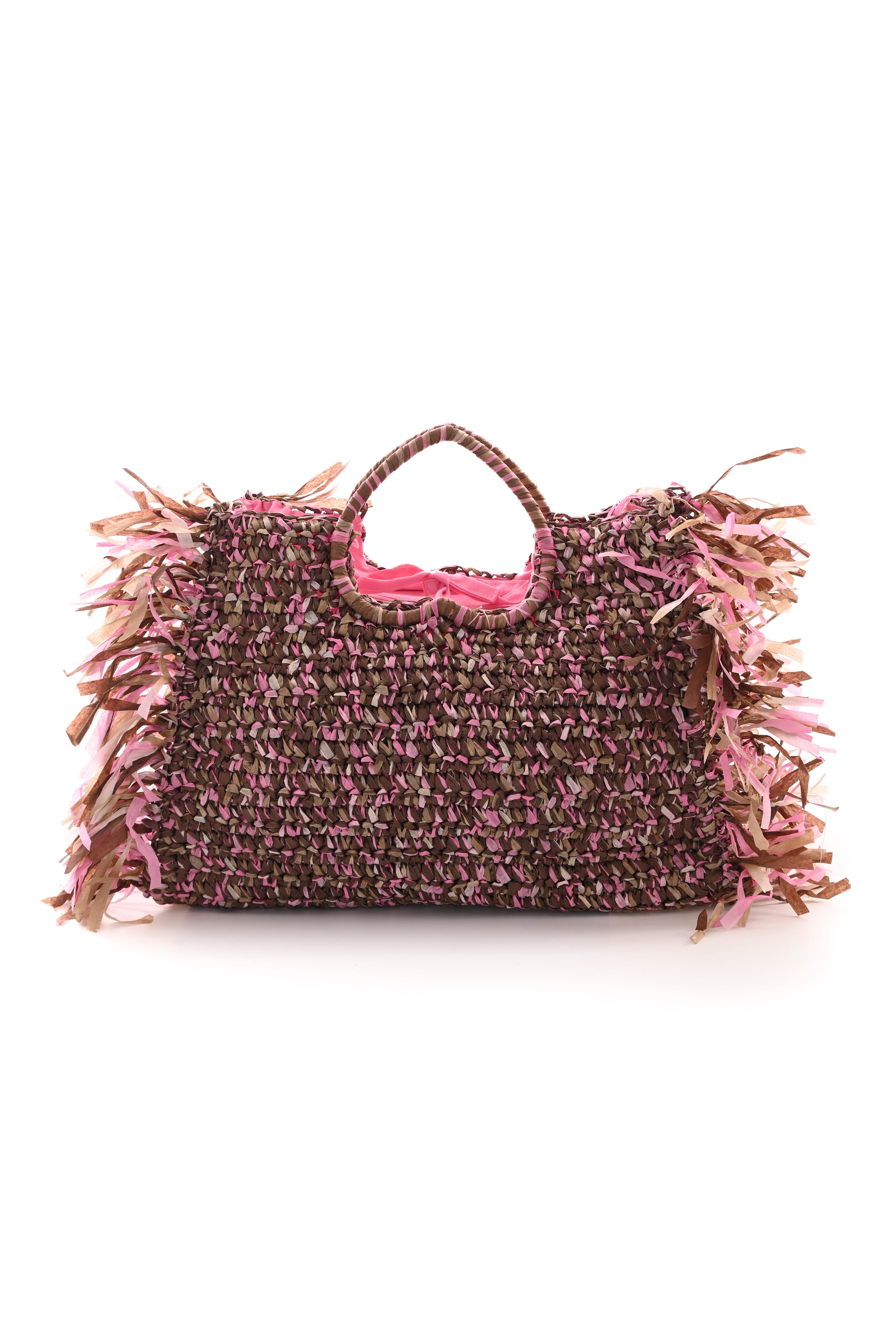 Geweven strandtas franjes bruin/roze