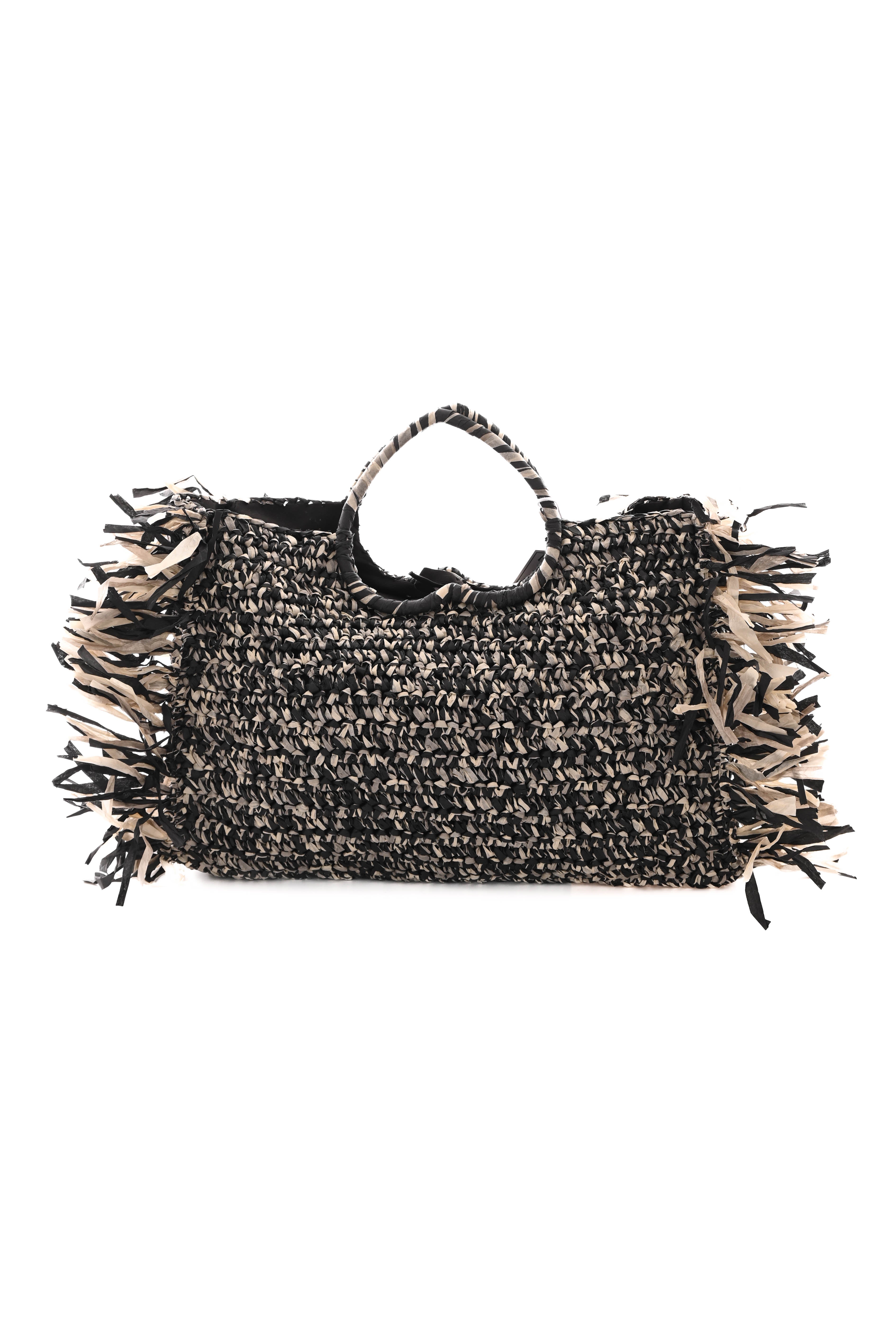 Geweven strandtas franjes zwart/creme