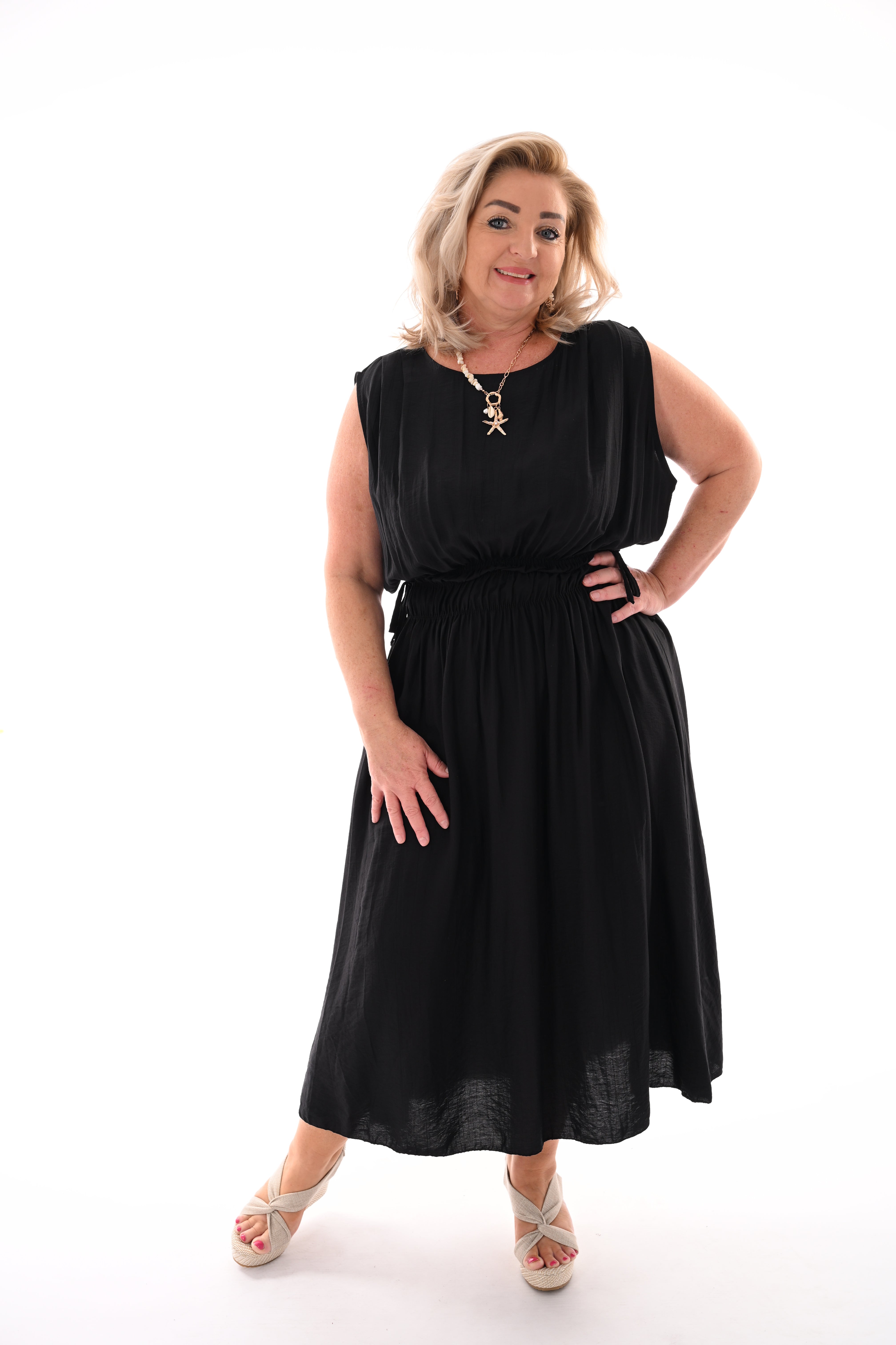 Lange jurk gedrapeerde taille zwart