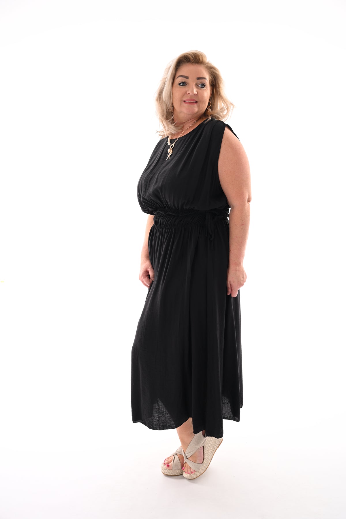 Lange jurk gedrapeerde taille zwart