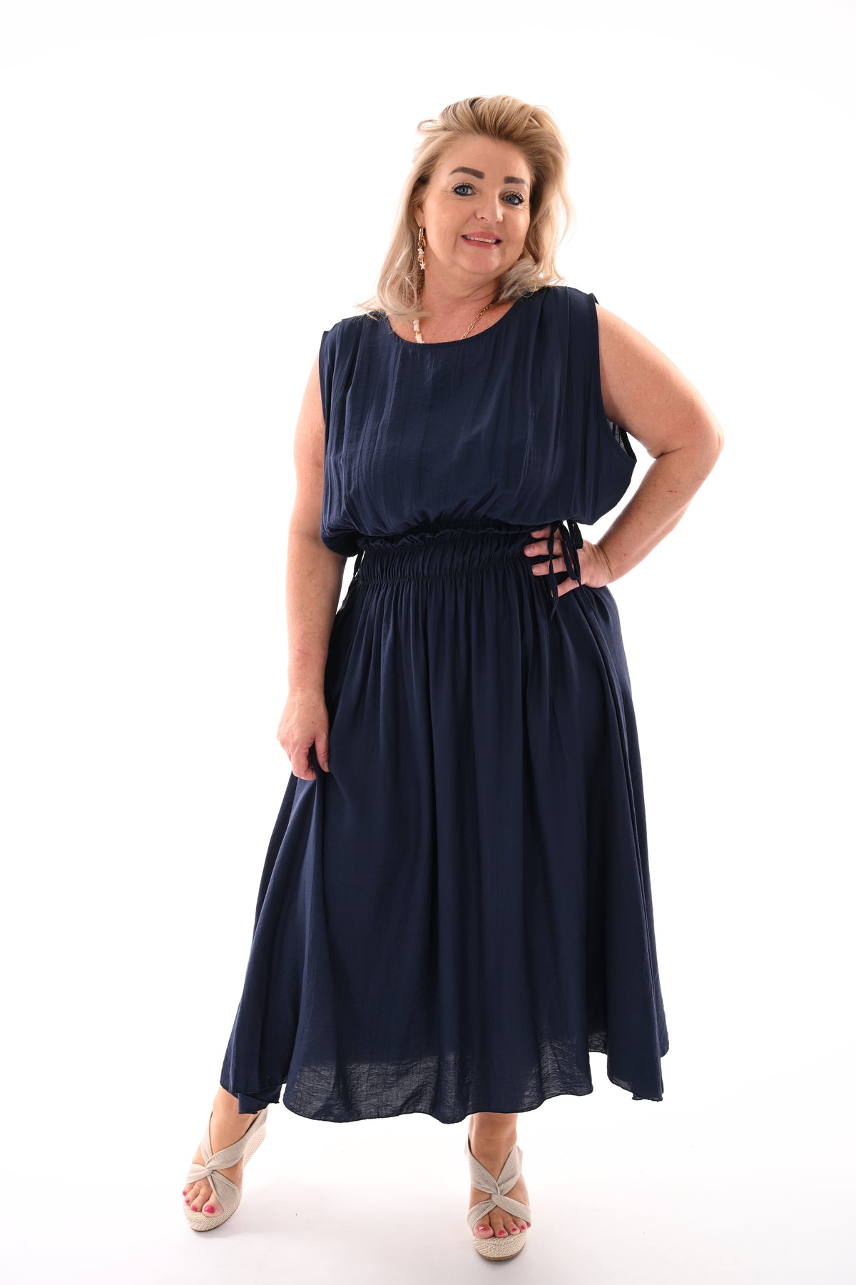 Lange jurk gedrapeerde taille marineblauw