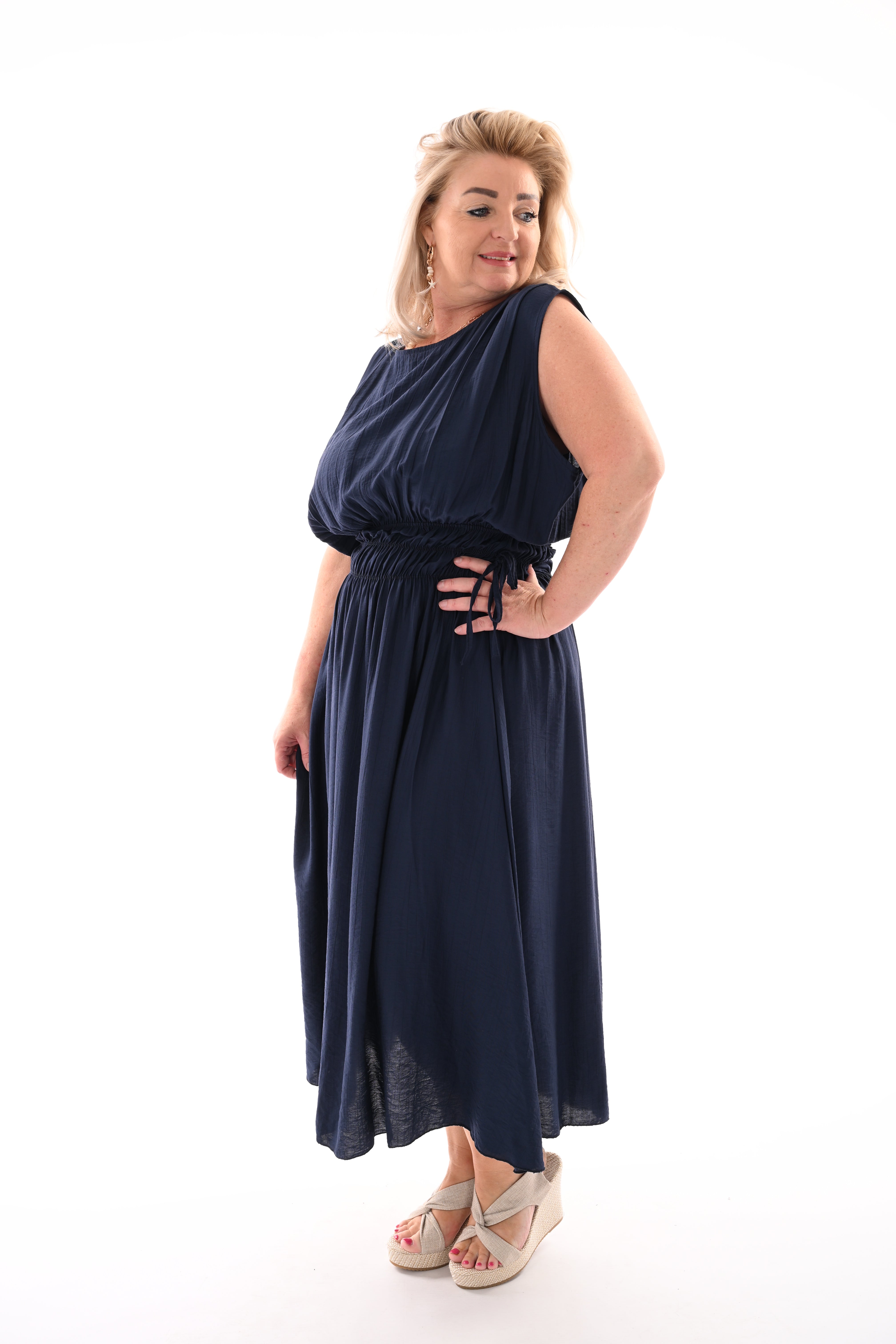 Lange jurk gedrapeerde taille marineblauw