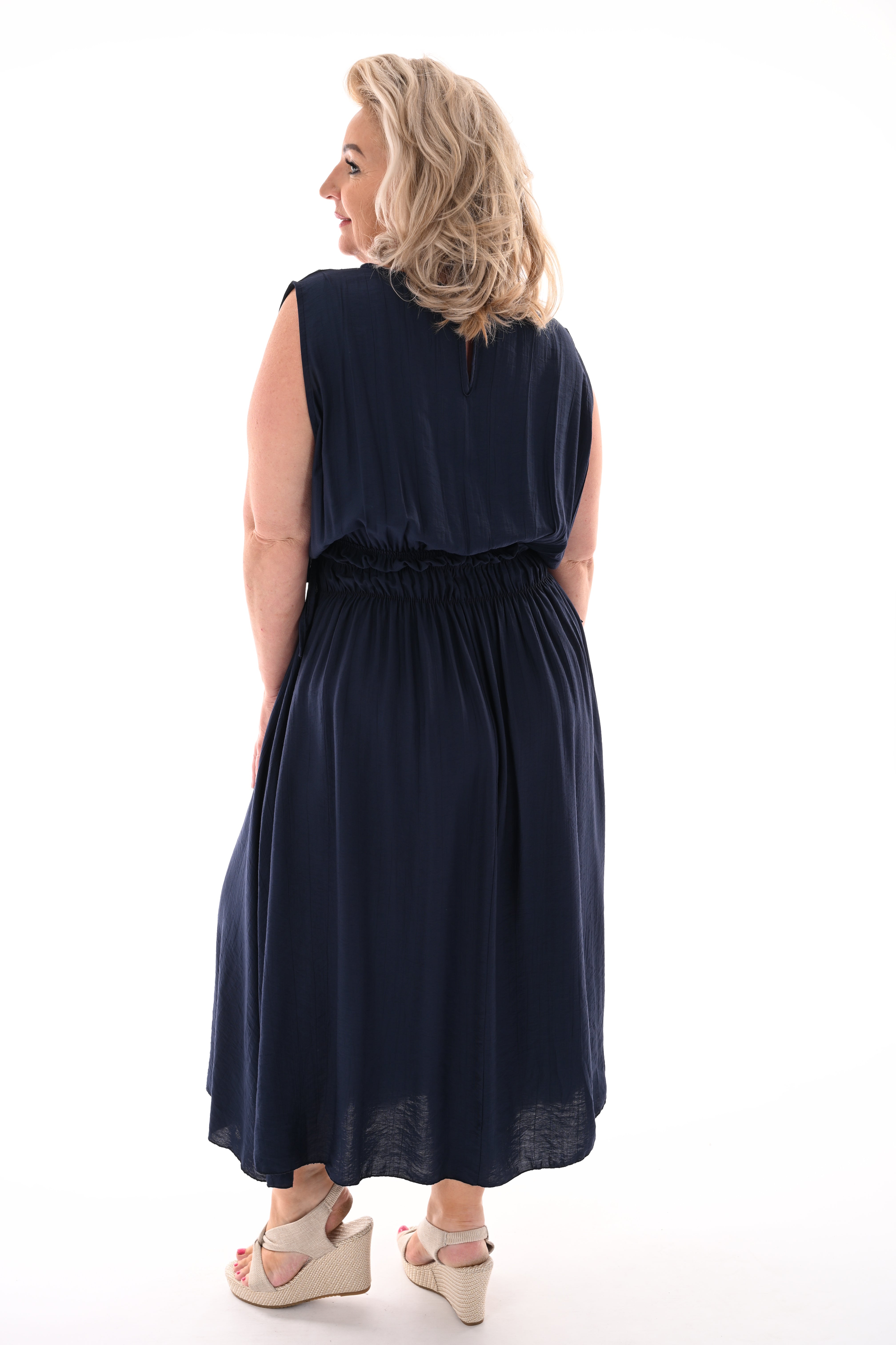 Lange jurk gedrapeerde taille marineblauw