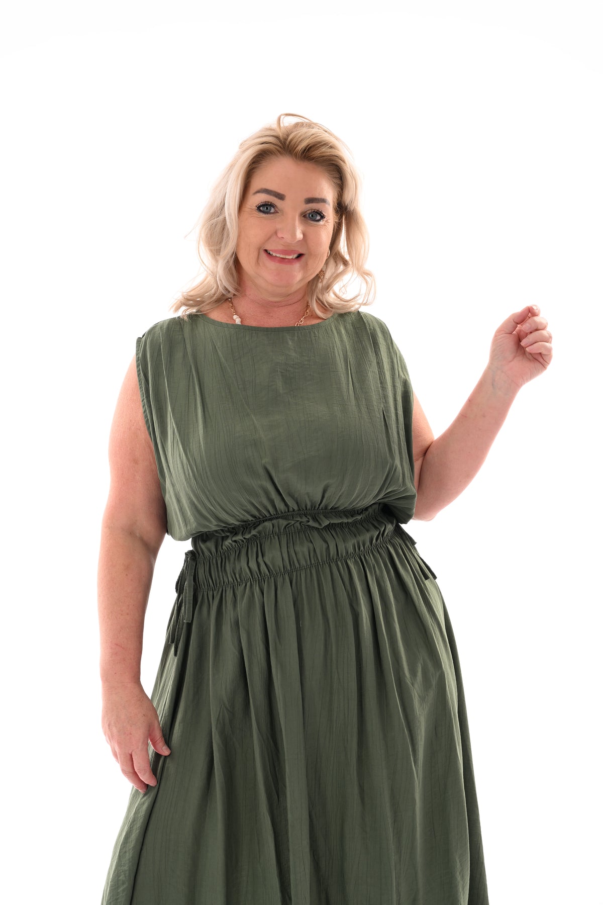 Lange jurk gedrapeerde taille legergroen
