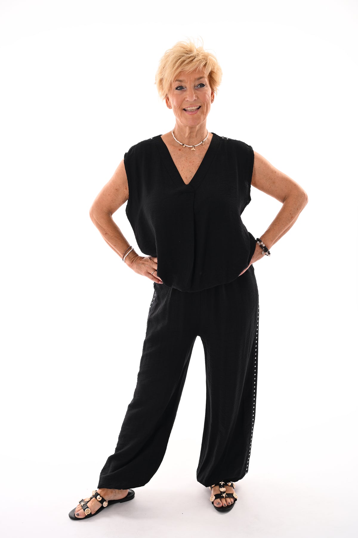 Tweedelig set korte pof top met studs zwart