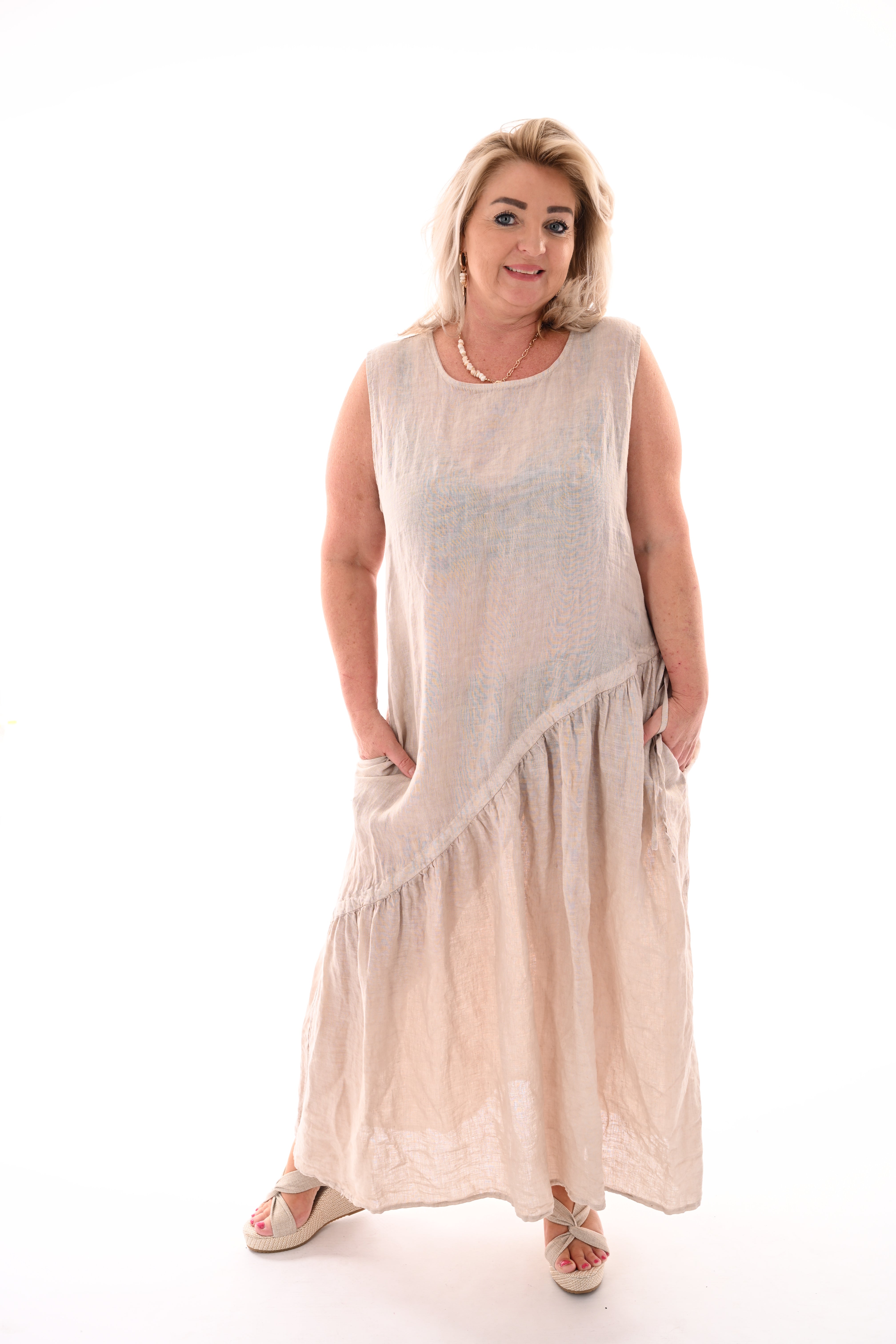 Linnen jurk strik detail beige