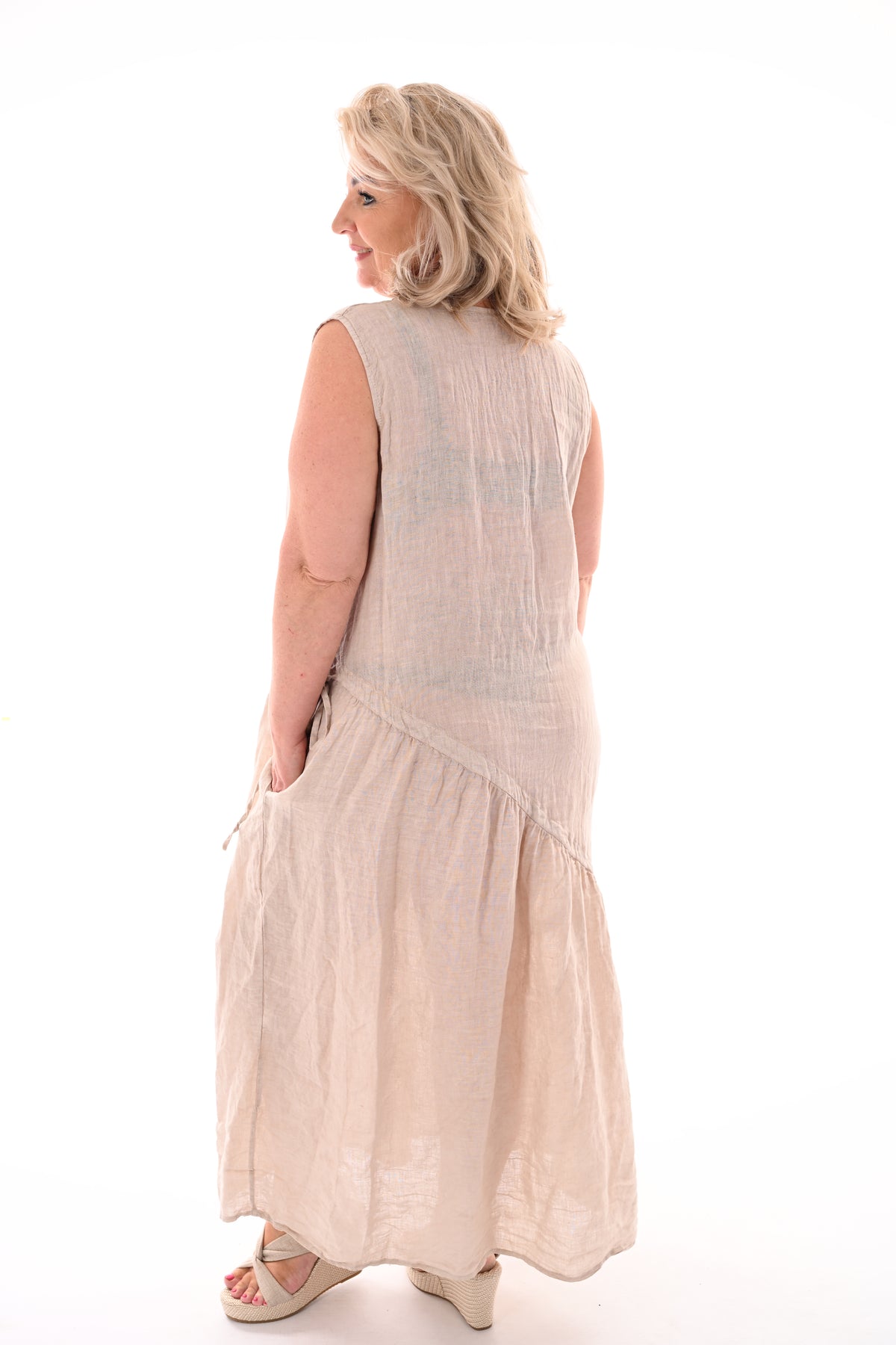 Linnen jurk strik detail beige